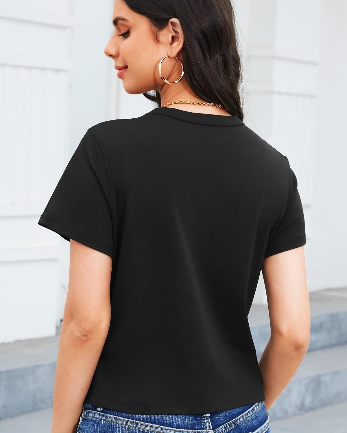 Stelle Women Cotton T Shirts Short Sleeve Basic Tees Casual Boxy Crop Tops(Black)