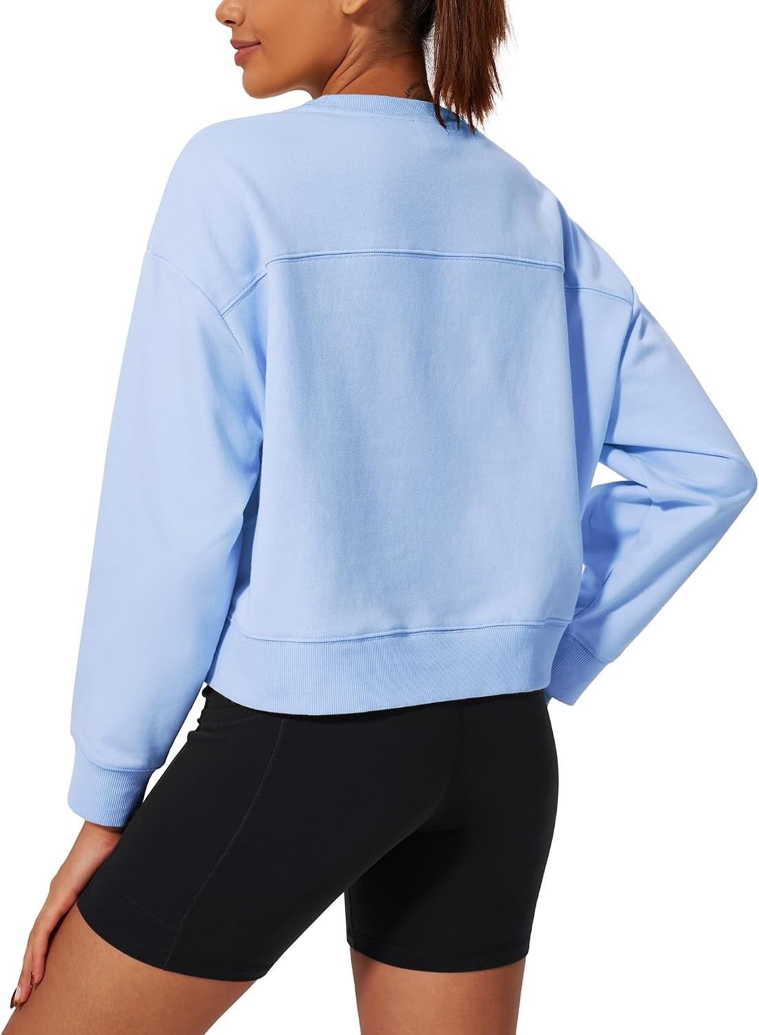 Stelle Cropped Sweatshirt for Women Crewneck Pullover Tops Oversized Long Sleeve Lightweight Casual Cotton Sweat Shirts(New-baby Blue)