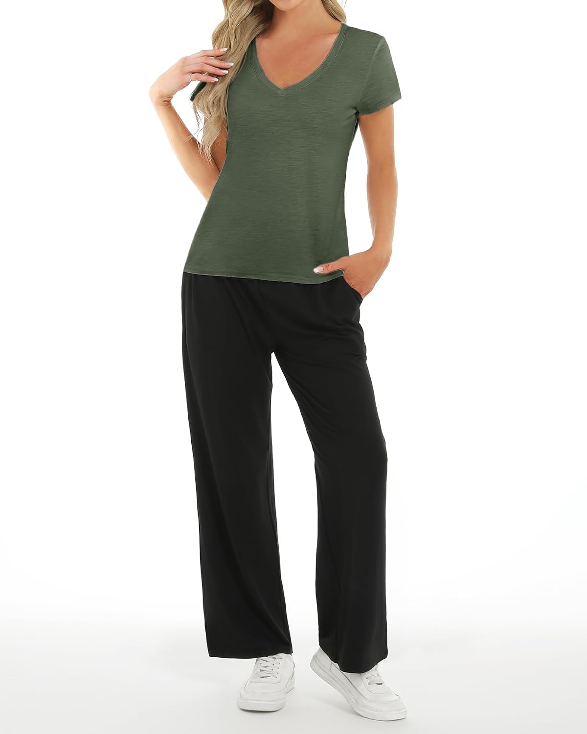 Stelle Womens Modal Soft T Shirts Short Sleeve V Neck Basic Tee | Breathable fabric, Loose Fit, Lightweight, Layering essential, Streetwear, Summer Outfits(Army Green)