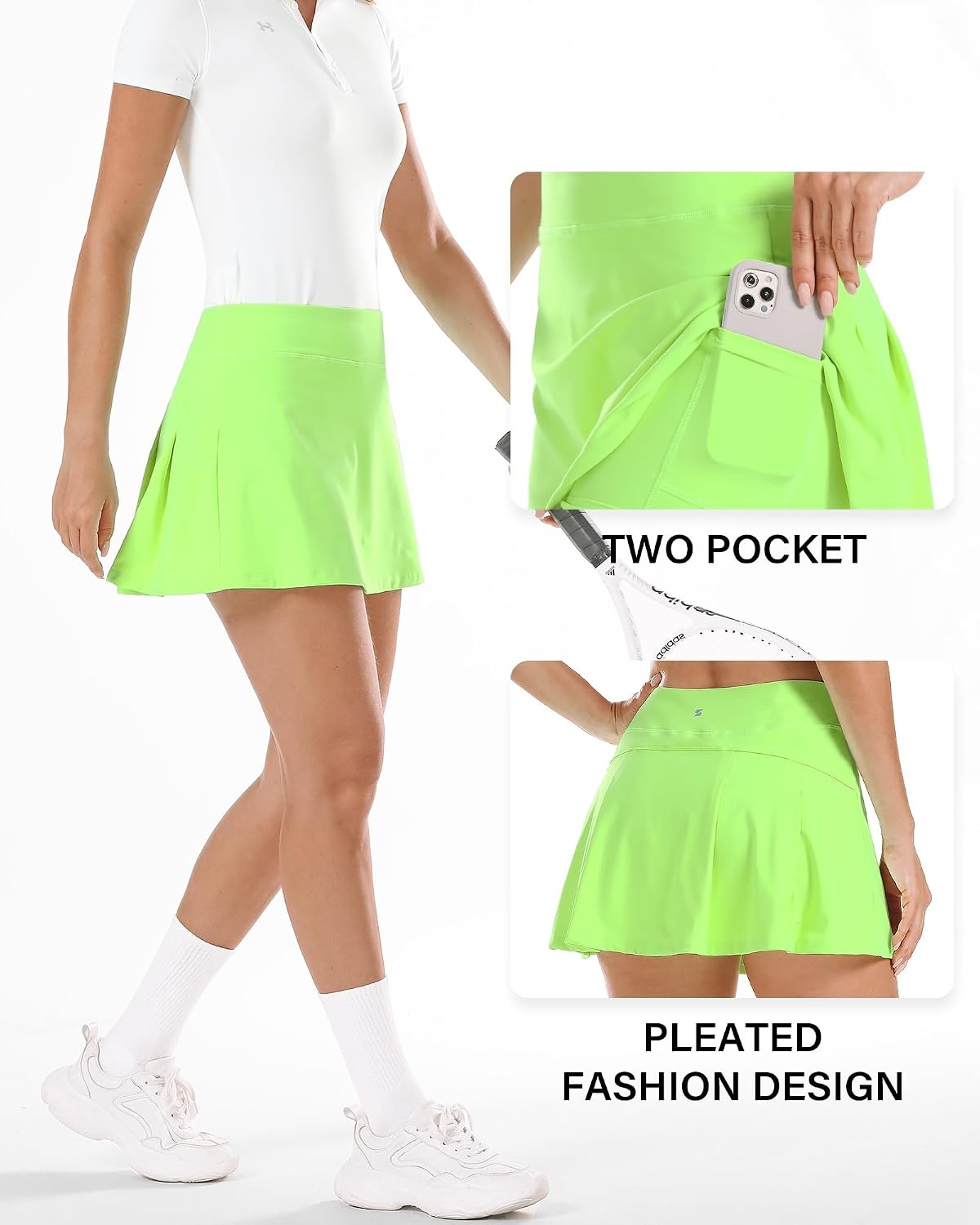 Stelle Women Tennis Skirt High Waisted Athletic Golf Skorts with Pockets | Tummy Control, Built-In Shorts, Deep Pockets, Pleated, Breathable, Lightweight, Tennis, Golf, Pickleball, Running, Workout(Lime Green)