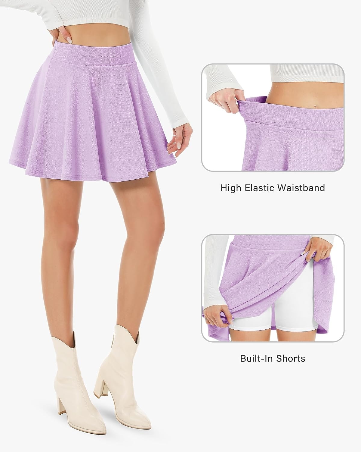 Stelle Women’s Casual Skort with Shorts Basic Versatile Stretchy Flared Pleated Skater Mini Skirts(Lilac)