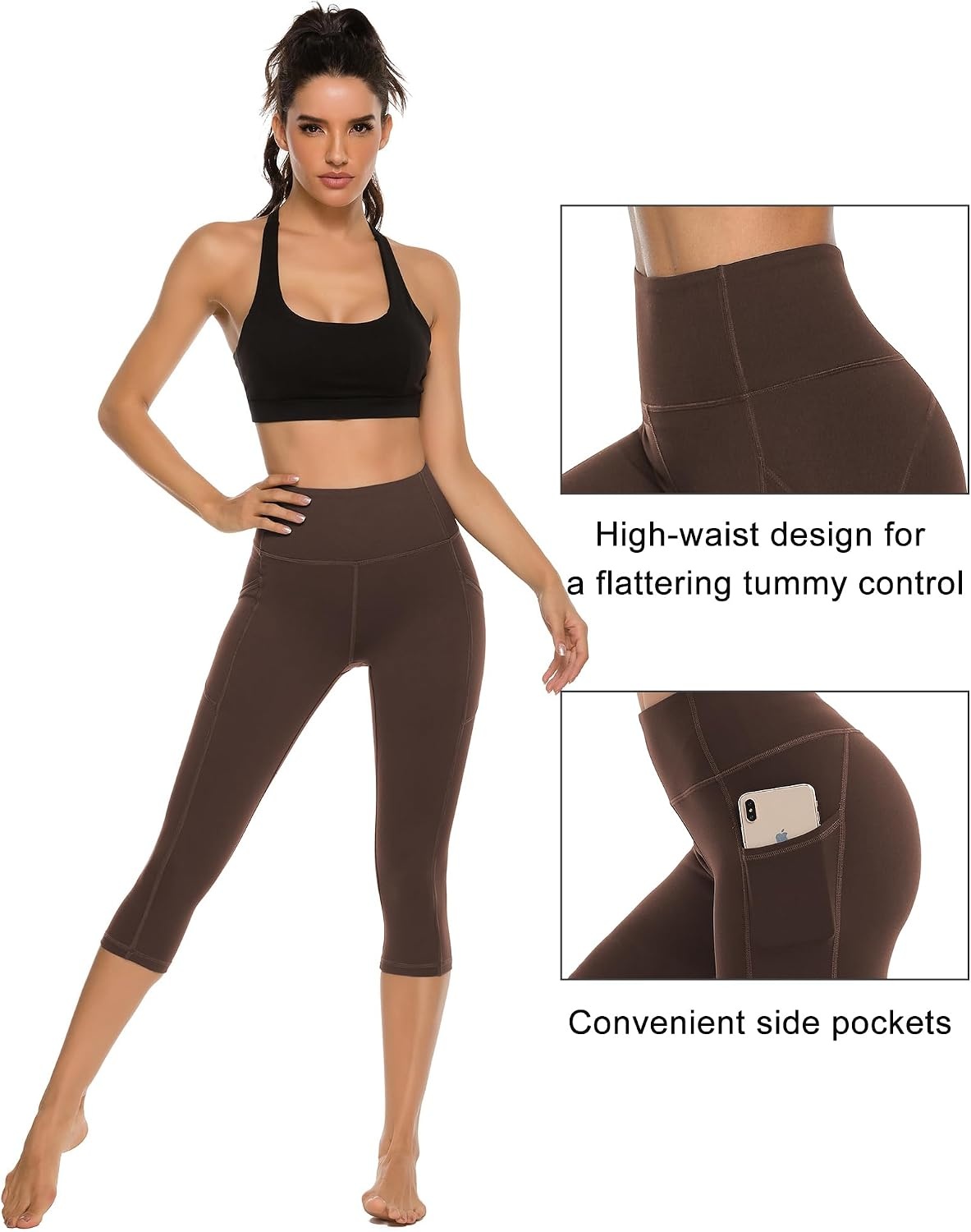 Stelle Capri Leggings for Women Yoga Pants with Pockets High Waisted Legging for Gym Workout(Coffee)