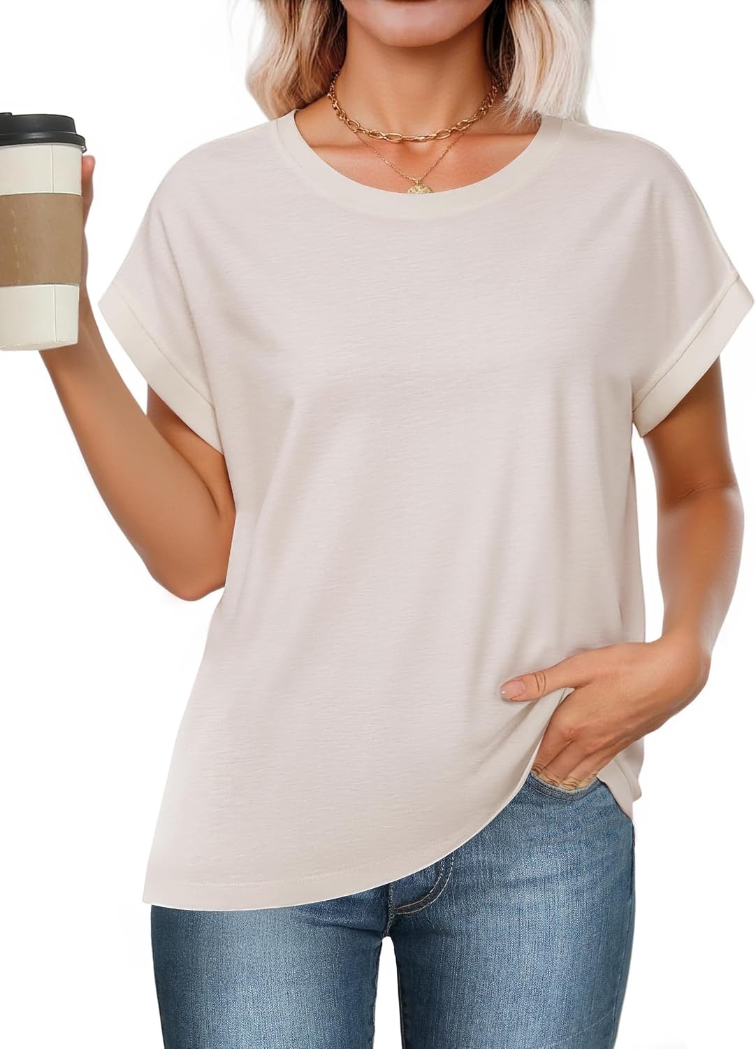 Stelle Women Modal Soft Crewneck Cap Short Sleeve T Shirts Summer Tops Trendy Basic Casual Clothes 2025(Oat Milk)