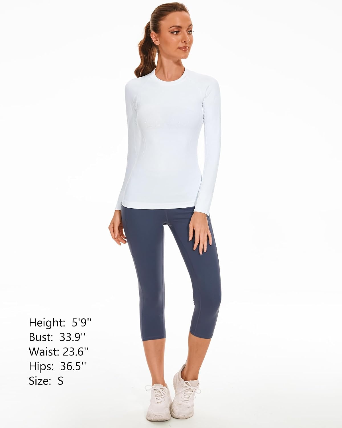 Stelle Women Workout Tops Long Sleeve Seamless Compression Athletic Shirts Yoga Gym Sports Breathable Tees(White-without Thumb Hole)