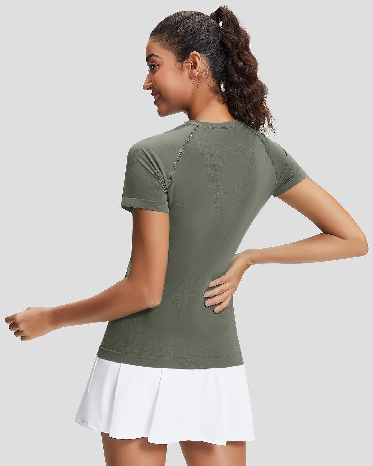 Stelle Womens Workout Tops Short Sleeve Seamless Moisture Wicking Yoga Tees | Meamless Fabric,Quick-Drying,Mesh Ventilation,Slim-Fit Silhouette,Raglan Sleeves,For Running,Tennis And Gym Workout(Sage Green)