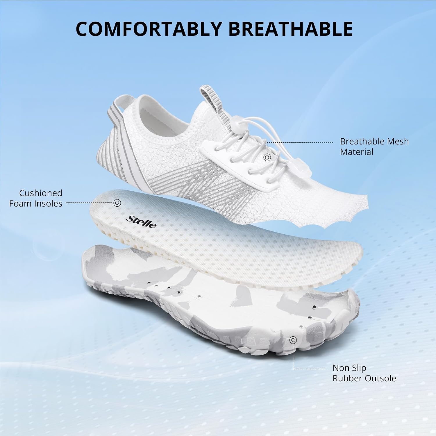 Stelle Womens Water Shoes for Men Adult Aqua Shoes for Swim River | Hiking Beach Boat Pool Quick-Dry Mesh Barefoot Non-Slip Rubber Outsole Lightweight Easy-On Pull Tabs Water Sports(White)