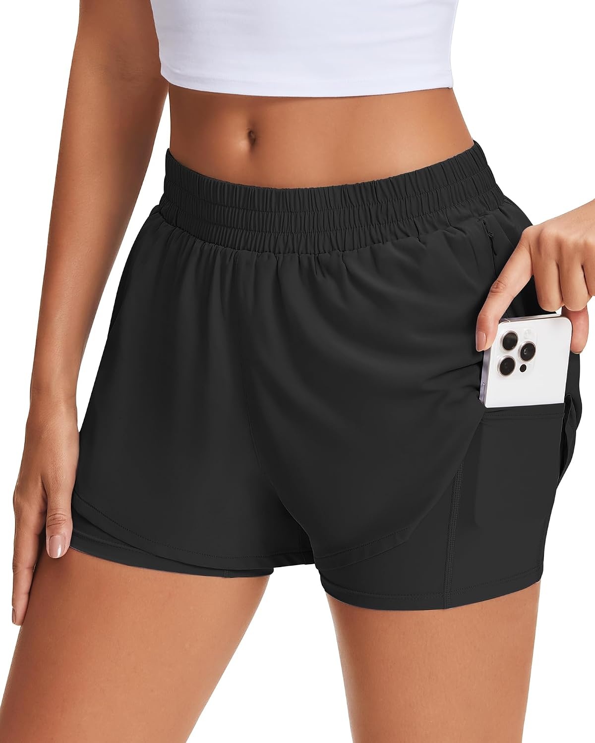 Stelle Women’s 2 in 1 Running Shorts Gym Athletic Shorts with Zip Pockets | High Waisted, 2 in 1 Athletic Shorts, Supportive Liner, Built-In Pockets, Running, Workout, Gym Training(Black)