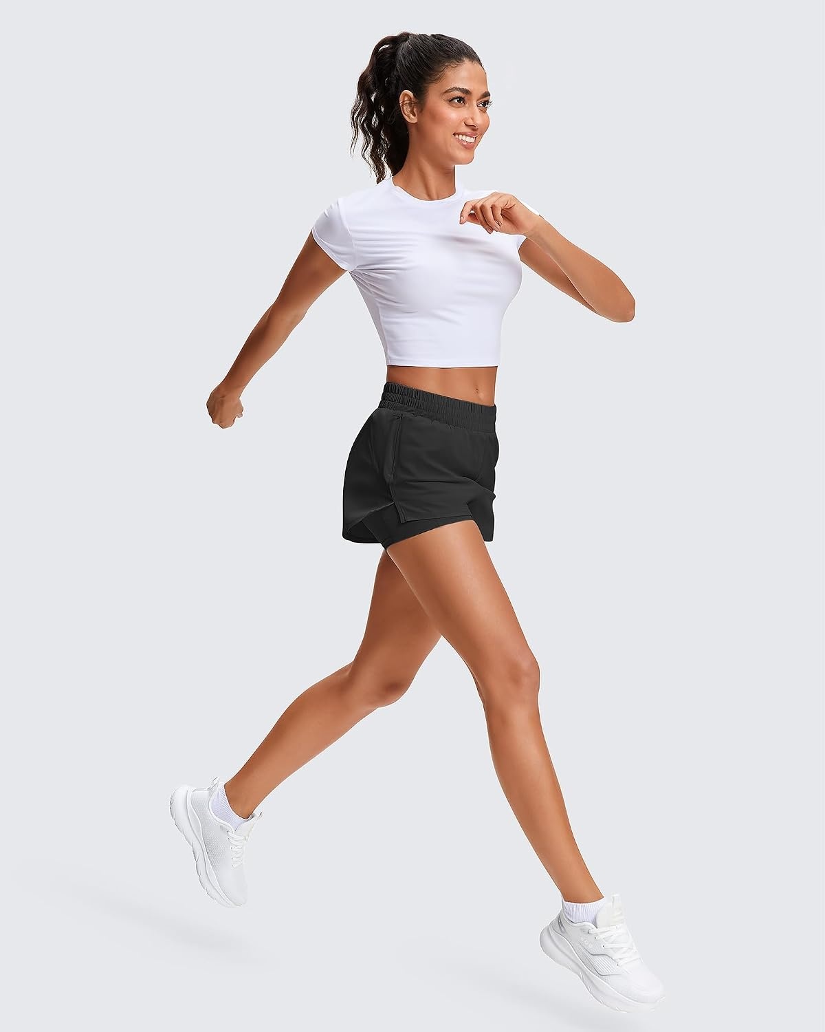 Stelle Women’s 2 in 1 Running Shorts Gym Athletic Shorts with Zip Pockets | High Waisted, 2 in 1 Athletic Shorts, Supportive Liner, Built-In Pockets, Running, Workout, Gym Training(Black)