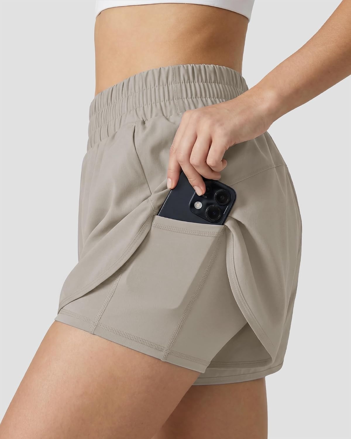 Stelle 2 in 1 Womens Running Shorts High Waisted Athletic Workout Gym Short with Zip Pockets(Sandy Grey)