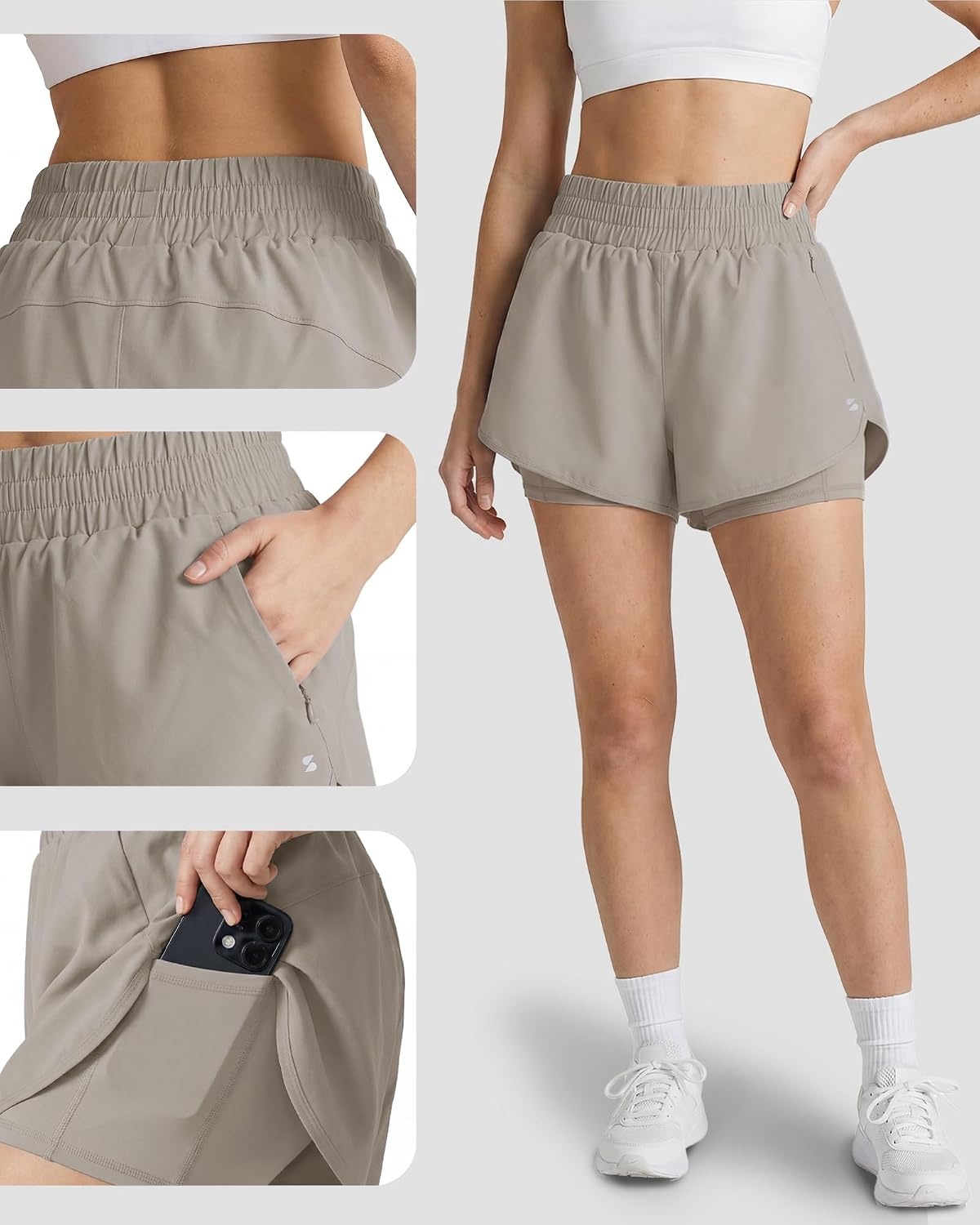 Stelle 2 in 1 Womens Running Shorts High Waisted Athletic Workout Gym Short with Zip Pockets(Sandy Grey)