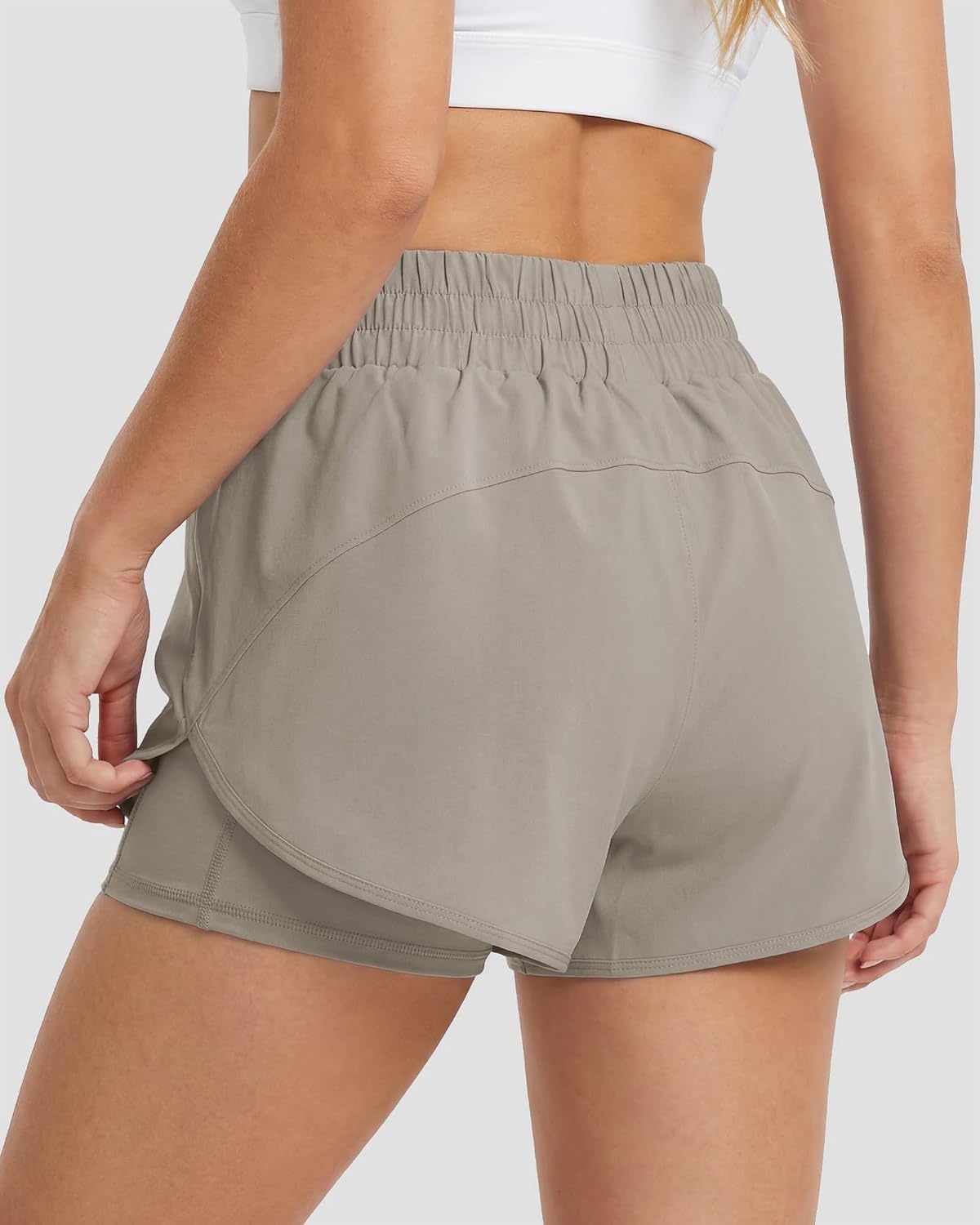 Stelle 2 in 1 Womens Running Shorts High Waisted Athletic Workout Gym Short with Zip Pockets(Sandy Grey)