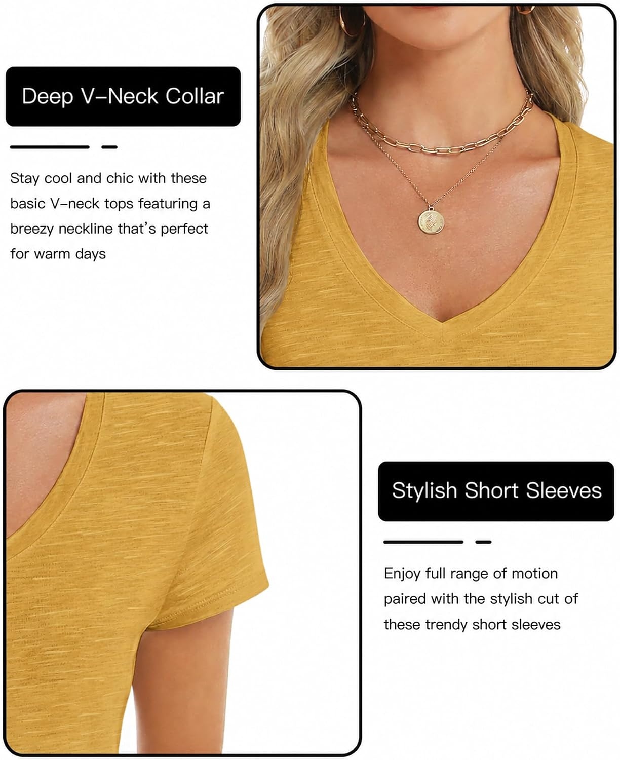 Stelle Womens Modal Soft T Shirts Short Sleeve V Neck Basic Tee Casual Loose Fit Tops Lightweight Soft Summer Outfits Clothes(Mustard)
