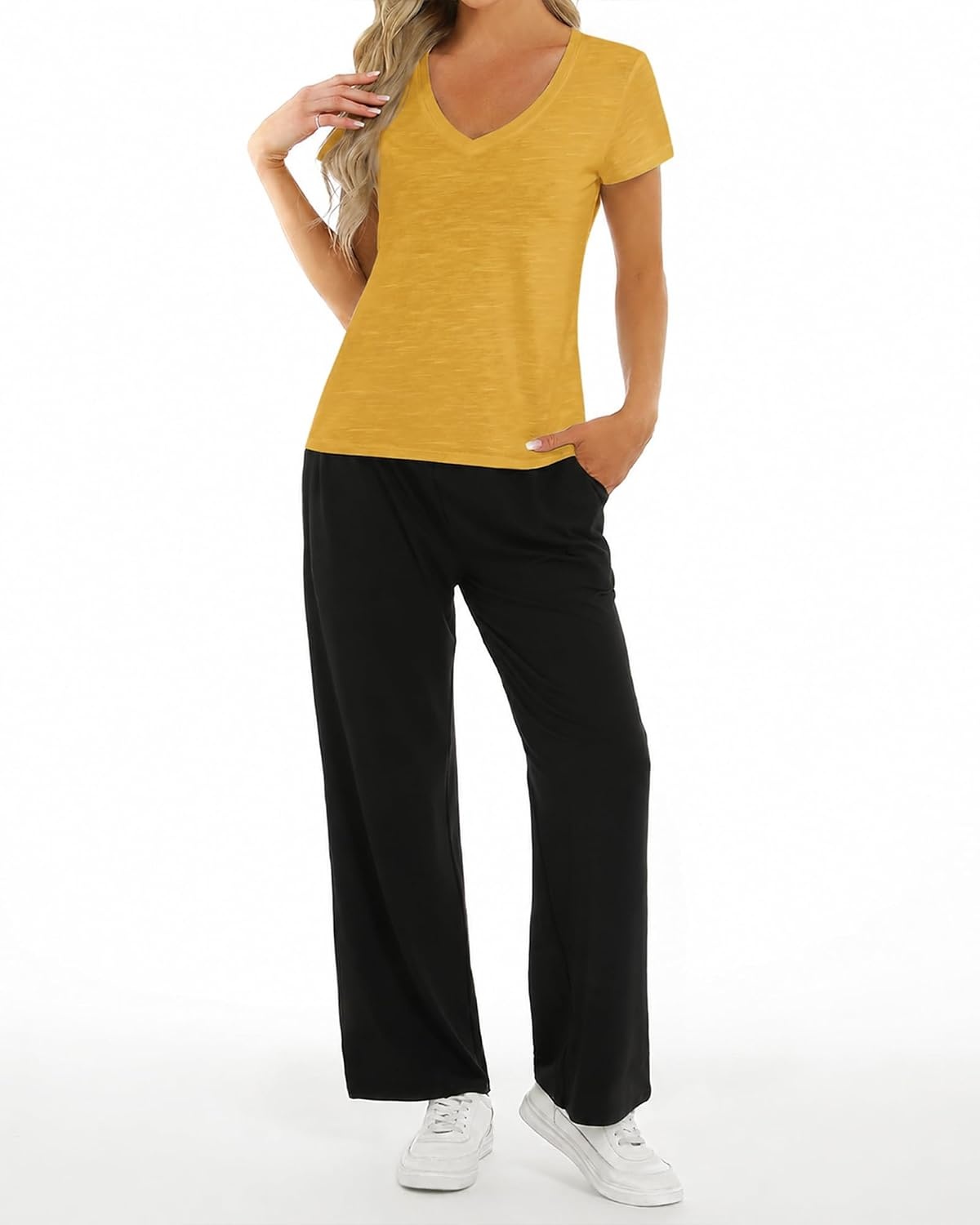Stelle Womens Modal Soft T Shirts Short Sleeve V Neck Basic Tee Casual Loose Fit Tops Lightweight Soft Summer Outfits Clothes(Mustard)