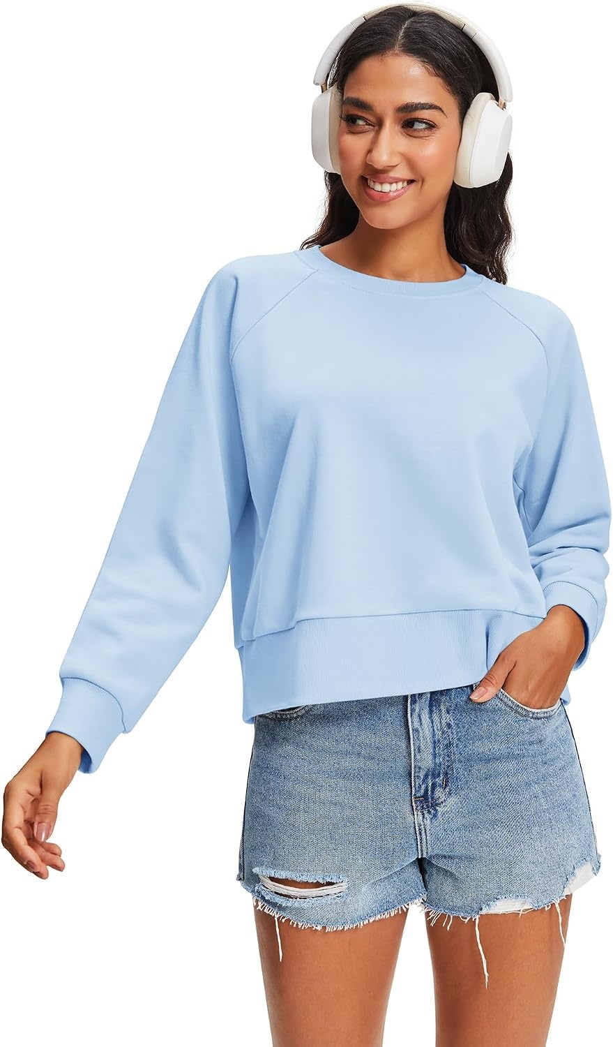 Stelle Women’s Raglan Crewneck Sweatshirt Relaxed Fit Casual Everyday(Baby Blue)