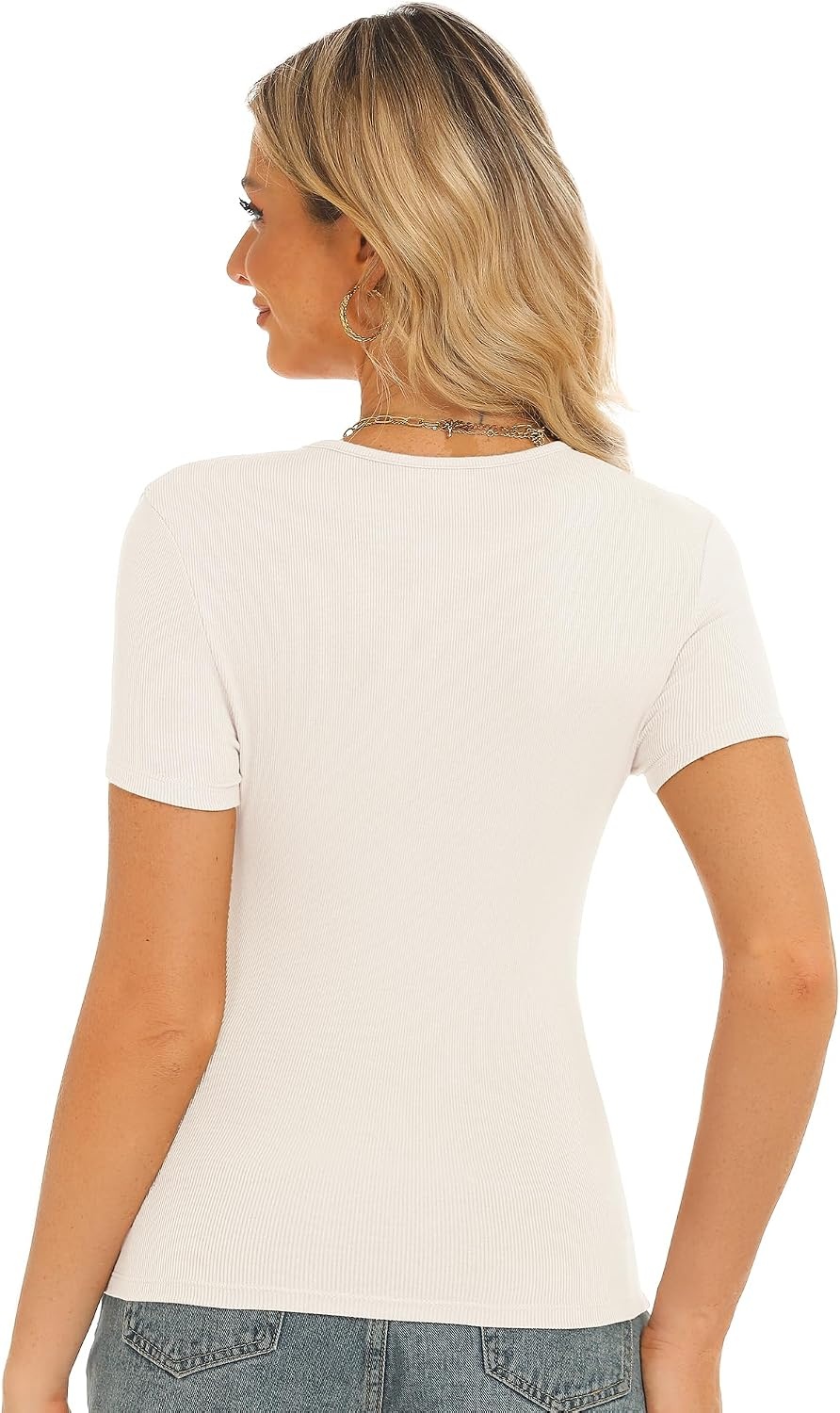 Stelle Ribbed Tops for Women Short Sleeve Tshirt Slim Fit Basic Tee Casual Blouse(Ivory)