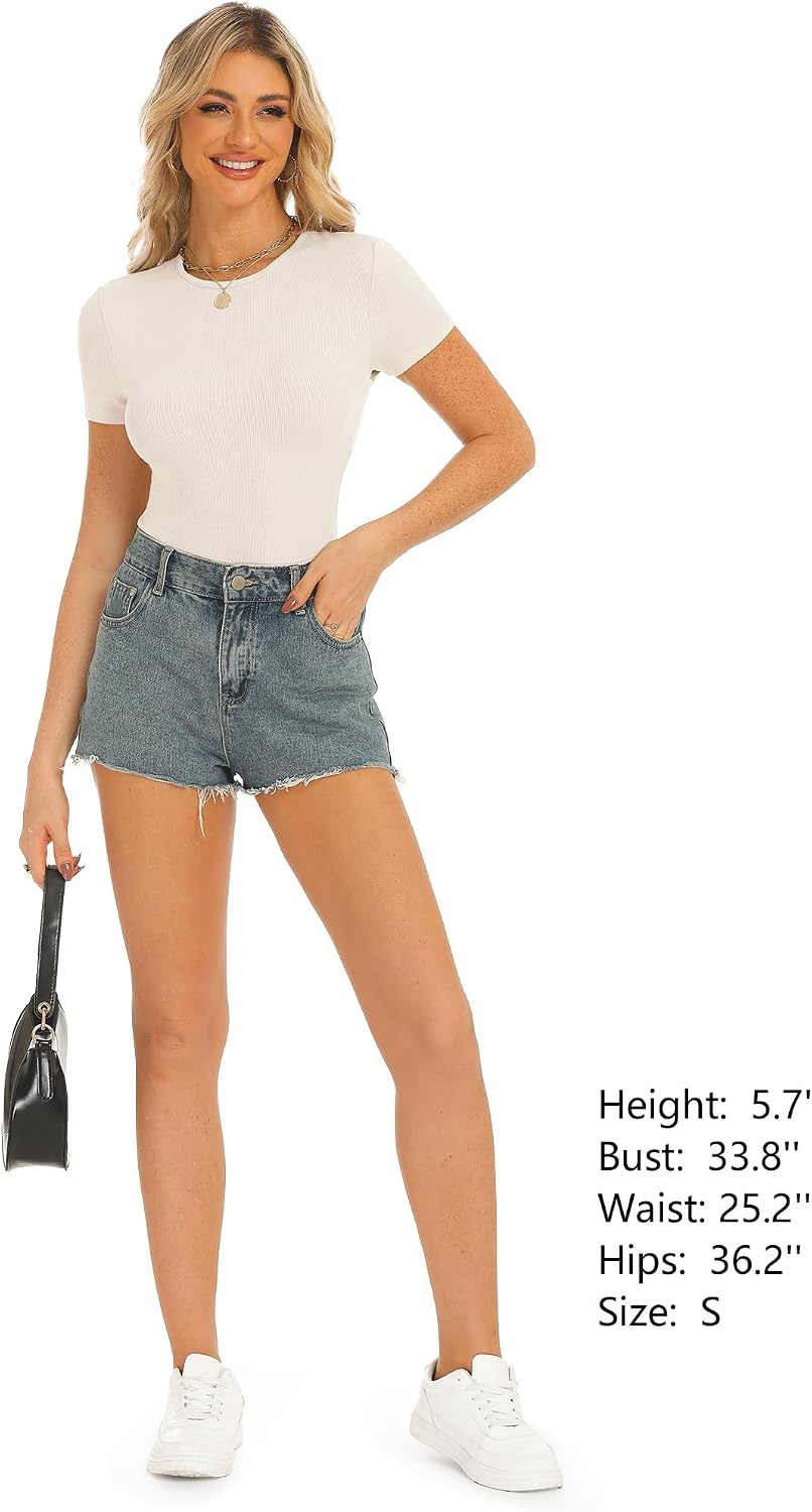 Stelle Ribbed Tops for Women Short Sleeve Tshirt Slim Fit Basic Tee Casual Blouse(Ivory)
