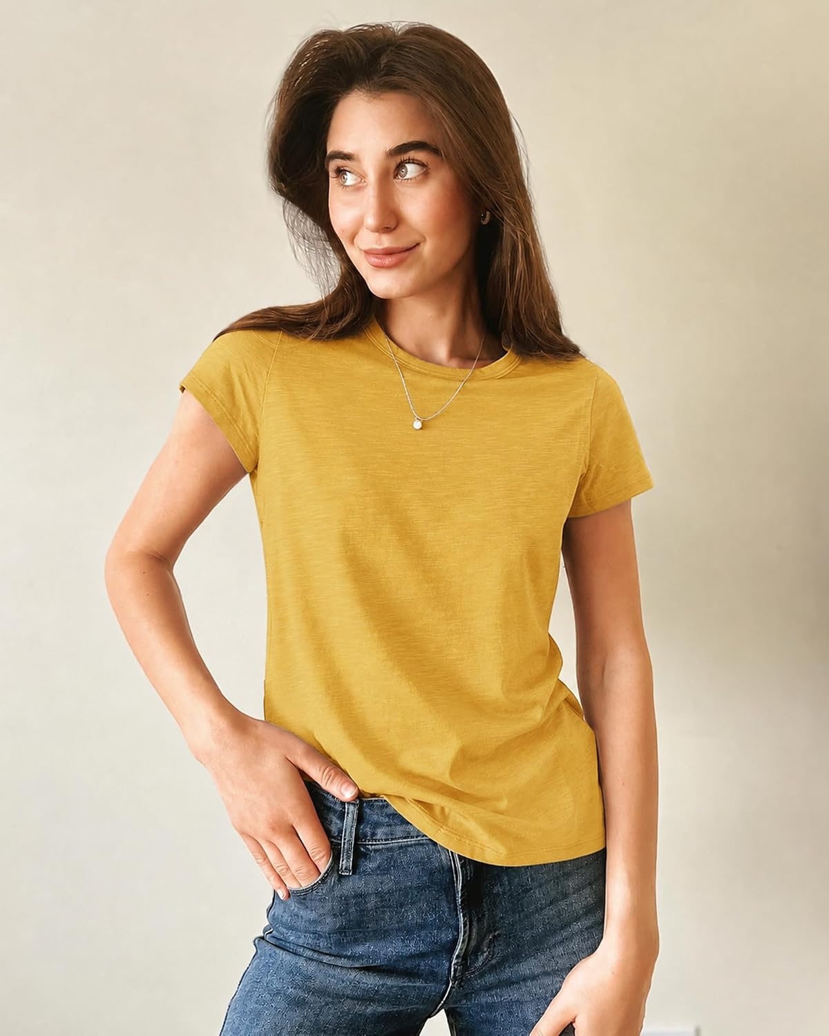 Stelle Womens Modal Soft Crewneck Short Sleeve T Shirts Summer Casual Basic Tops Tees(Mustard)