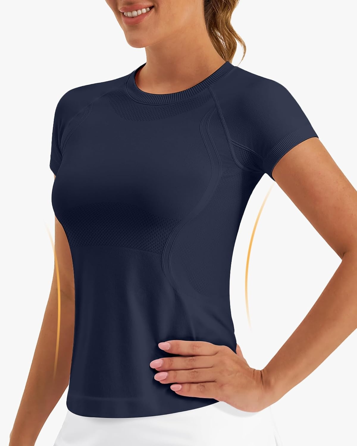 Stelle Women Workout Tops Short Sleeve Seamless Athletic Shirts Yoga Gym Sports Breathable Tees(Short Sleeve-navy)