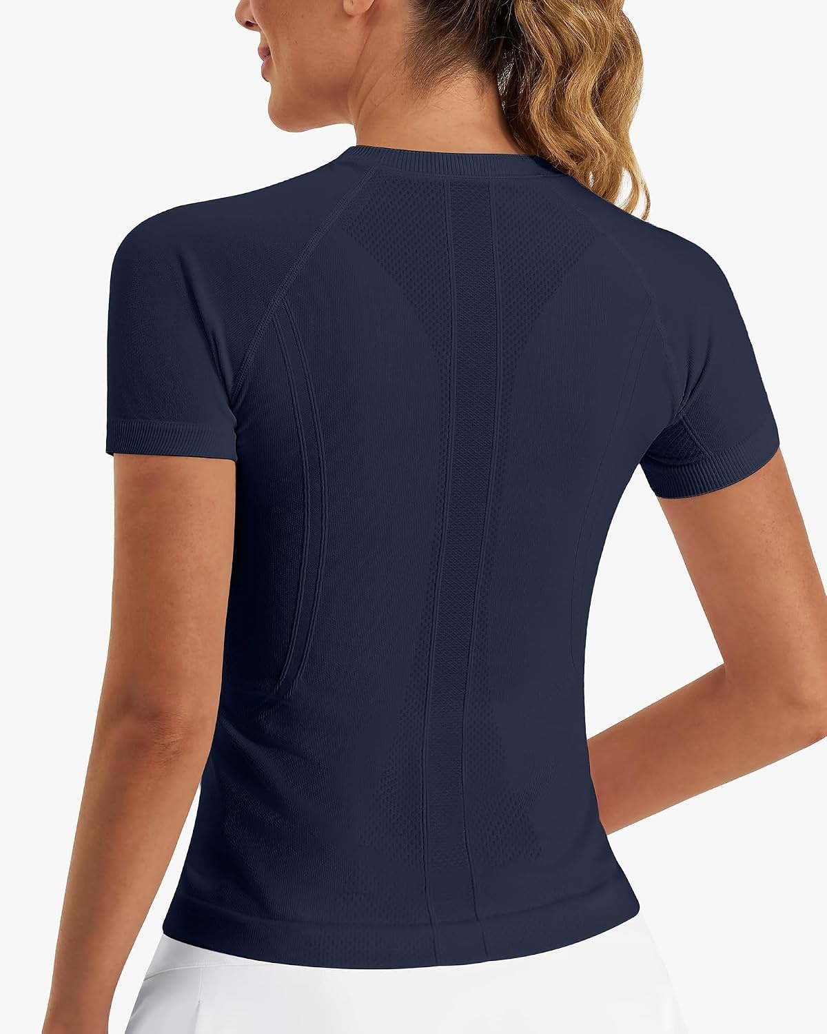Stelle Women Workout Tops Short Sleeve Seamless Athletic Shirts Yoga Gym Sports Breathable Tees(Short Sleeve-navy)