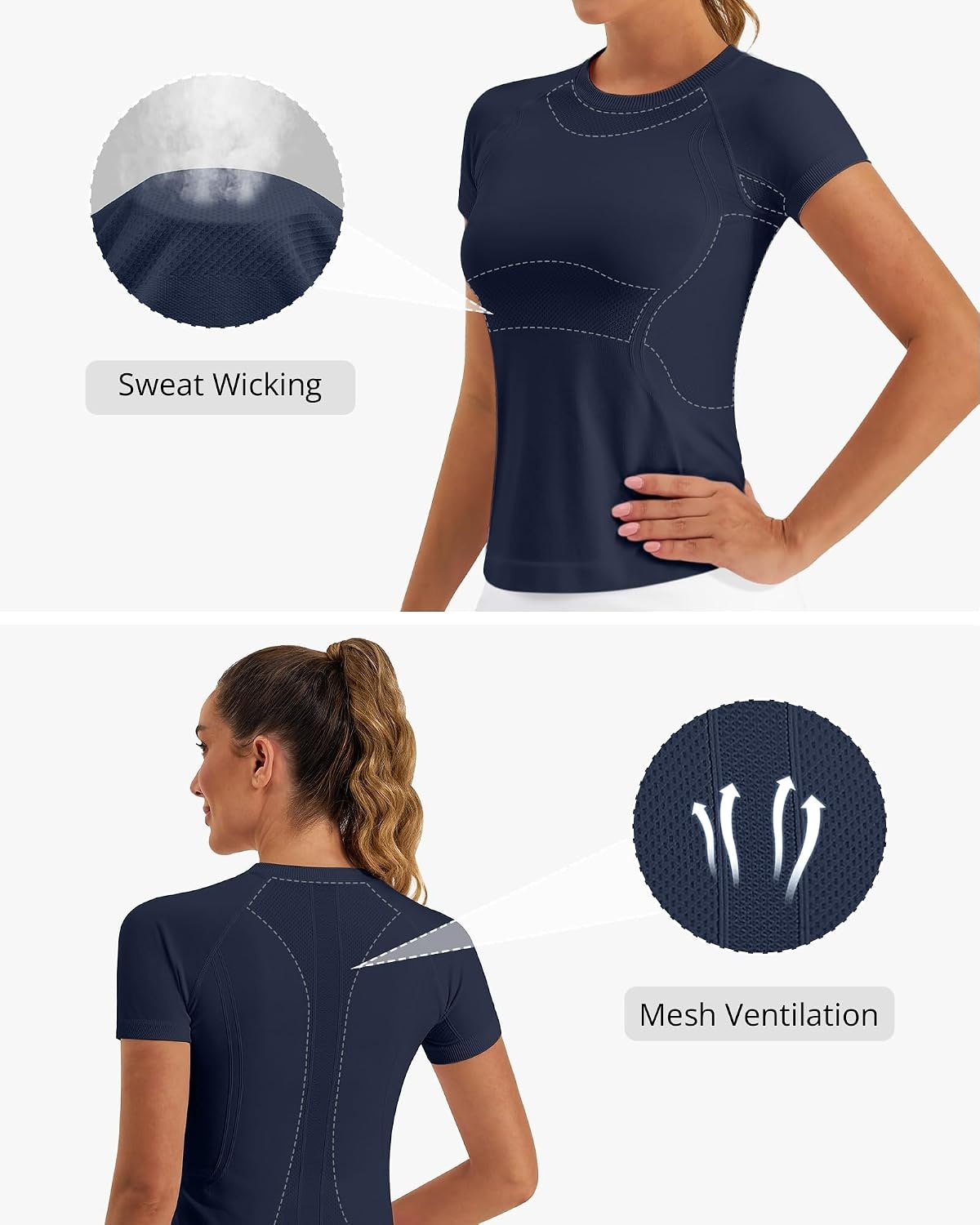 Stelle Women Workout Tops Short Sleeve Seamless Athletic Shirts Yoga Gym Sports Breathable Tees(Short Sleeve-navy)