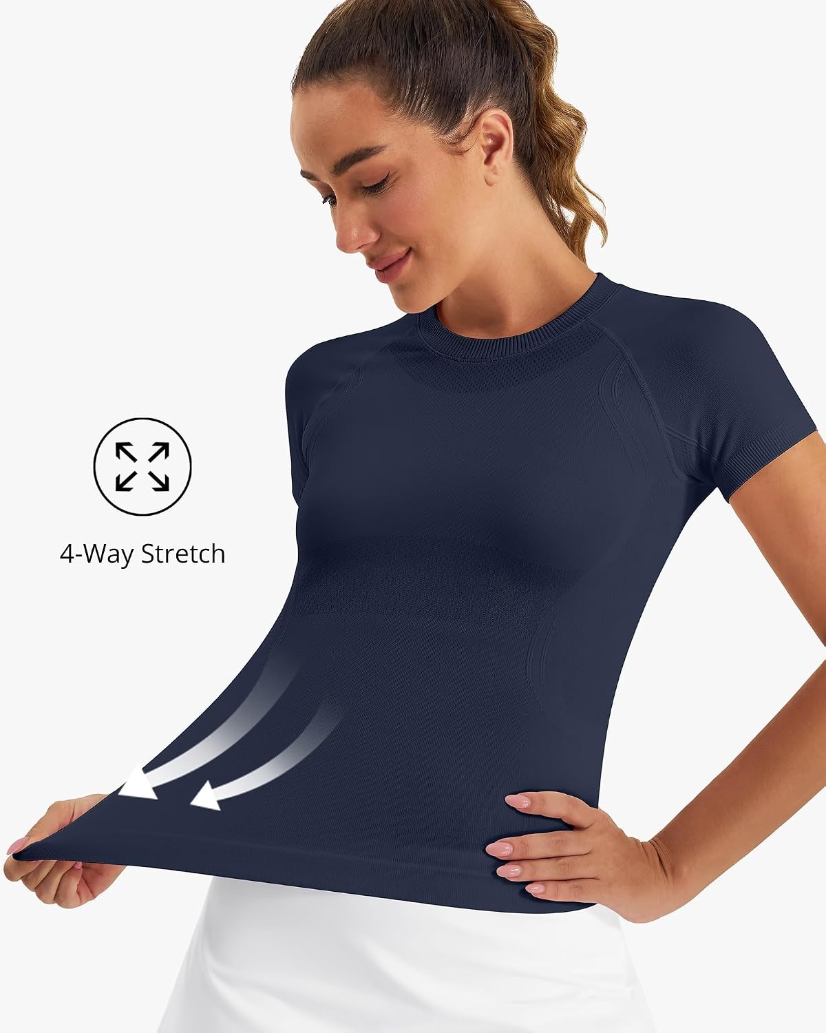 Stelle Women Workout Tops Short Sleeve Seamless Athletic Shirts Yoga Gym Sports Breathable Tees(Short Sleeve-navy)