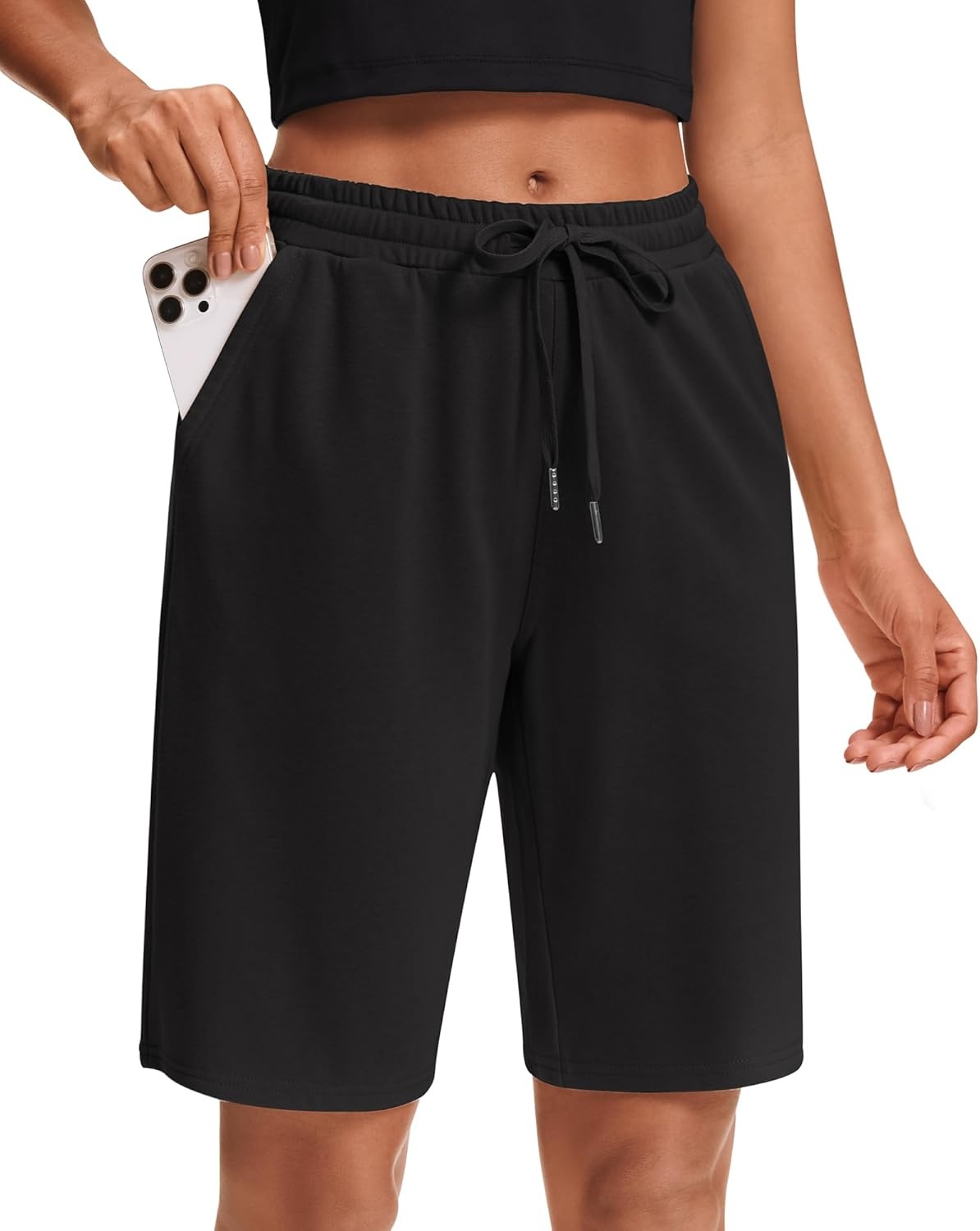 Stelle Women’s Cotton Bermuda Shorts 10″ Long Knee Length Comfy Sweat Shorts with Deep Pockets Lounge Casual Summer(10″ Black)