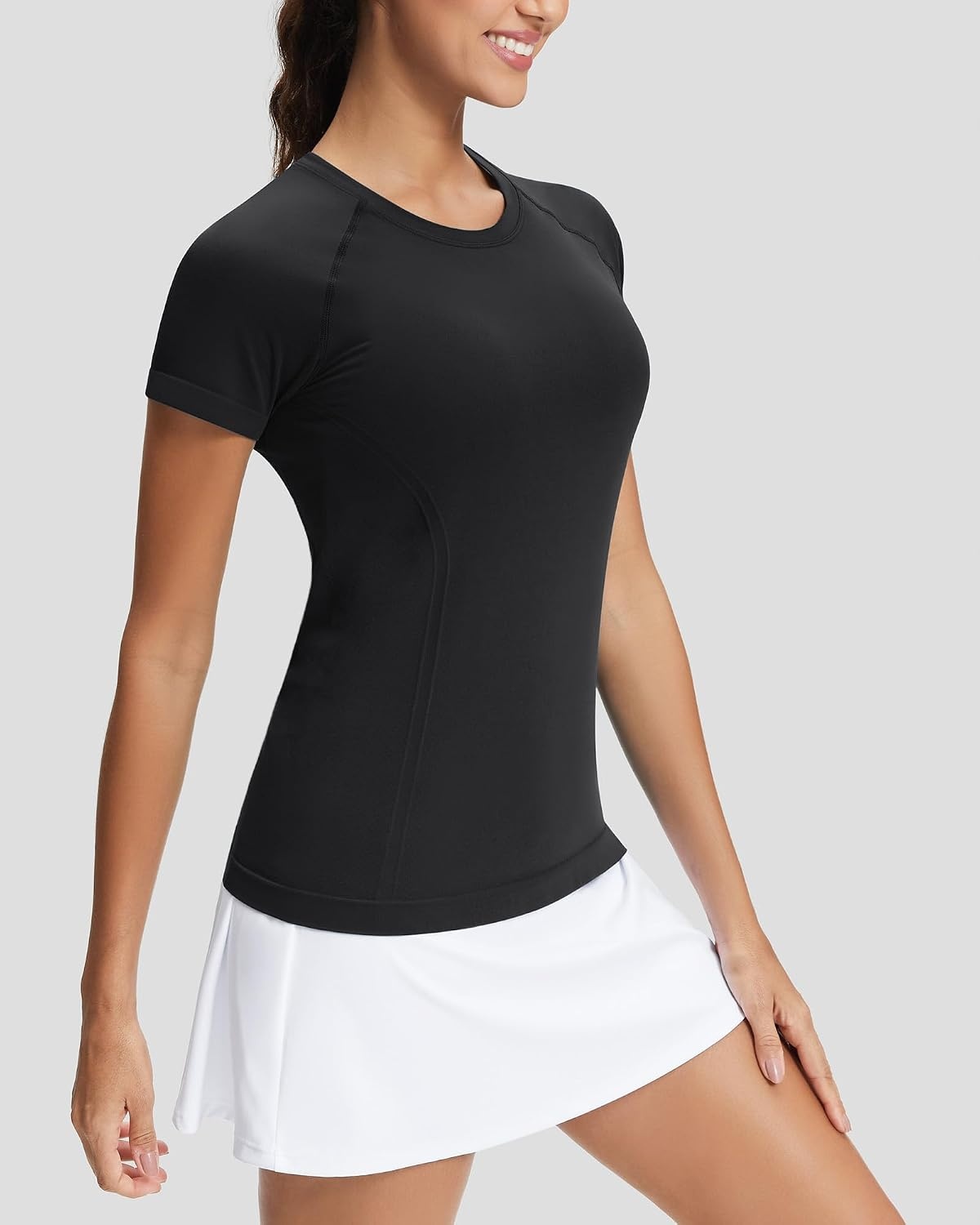 Stelle Womens Workout Tops Short Sleeve Seamless Athletic Shirts Yoga Gym Running T-Shirts(Black)