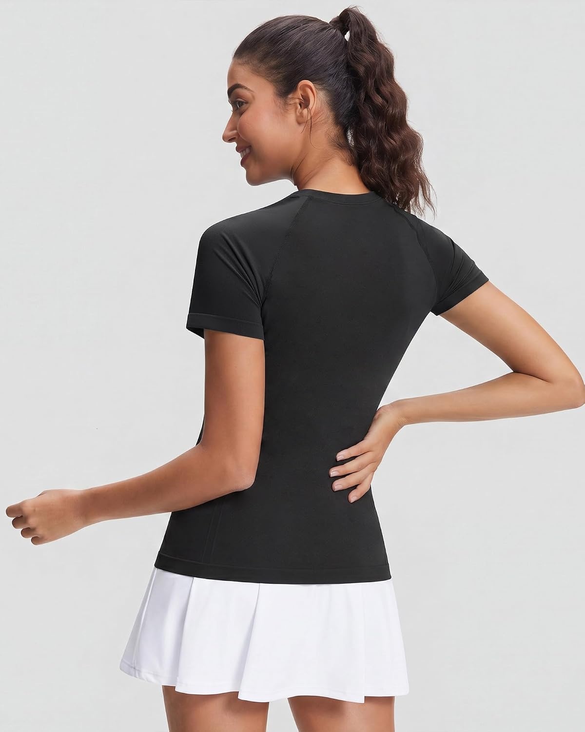 Stelle Womens Workout Tops Short Sleeve Seamless Athletic Shirts Yoga Gym Running T-Shirts(Black)