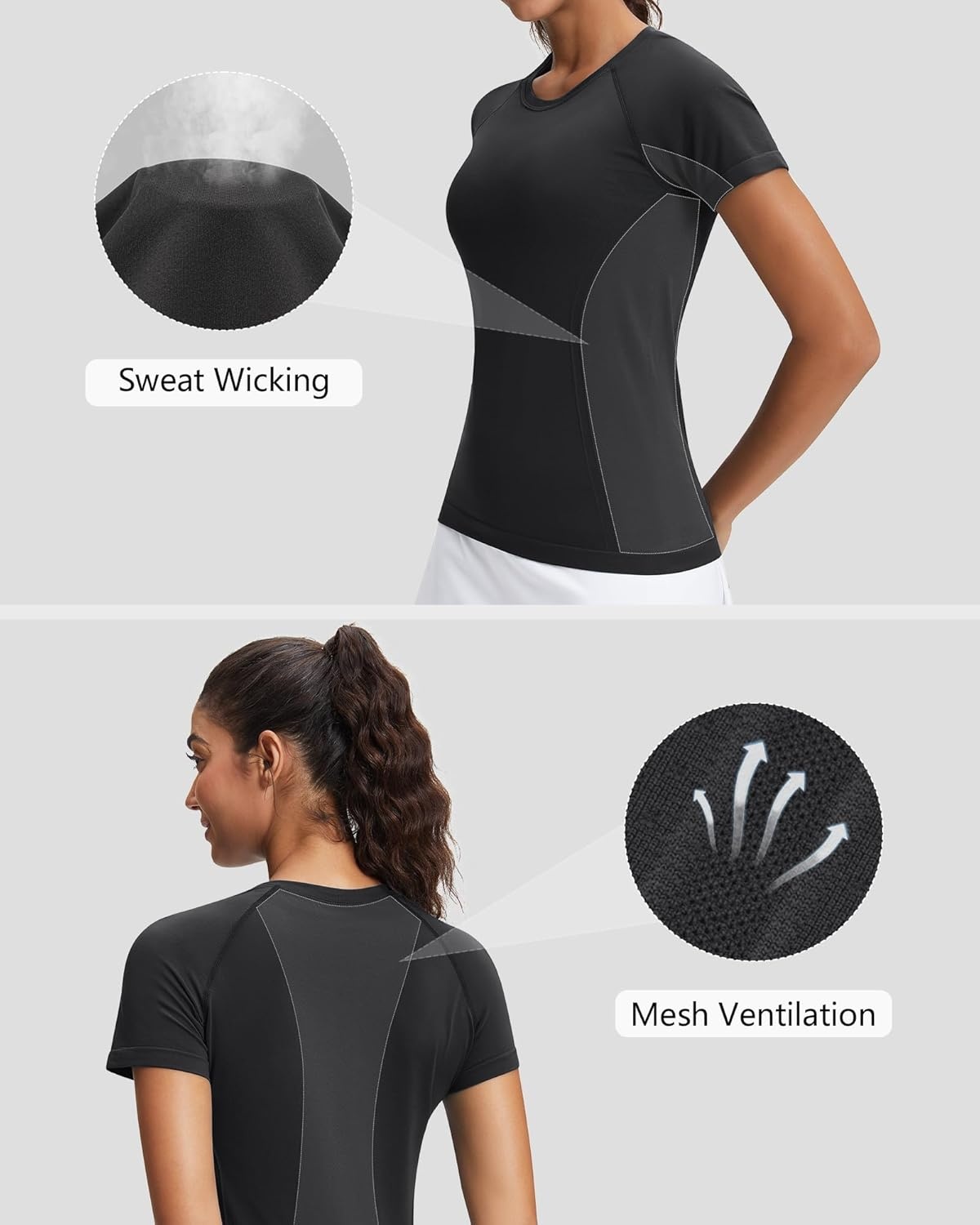 Stelle Womens Workout Tops Short Sleeve Seamless Athletic Shirts Yoga Gym Running T-Shirts(Black)