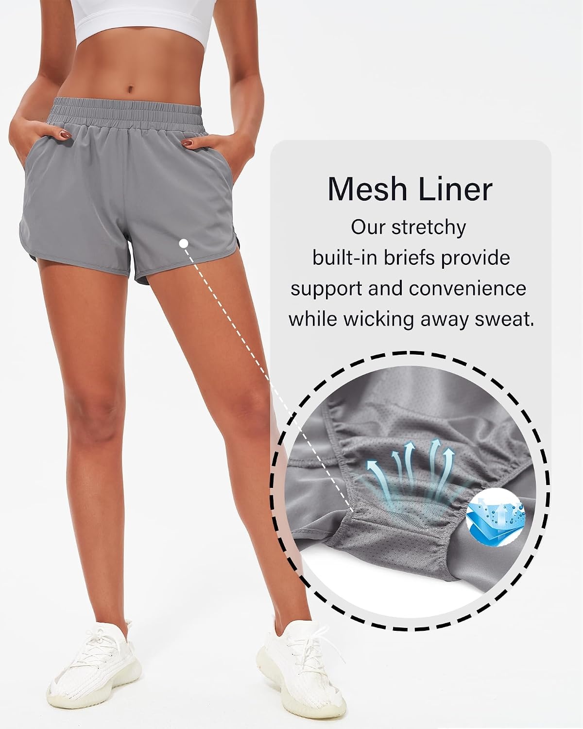Stelle Womens 3″ Running Shorts Mesh Liner High Waisted Workout Shorts Quick Dry Dolphin Athletic Shorts with Pockets(Smoke Grey)