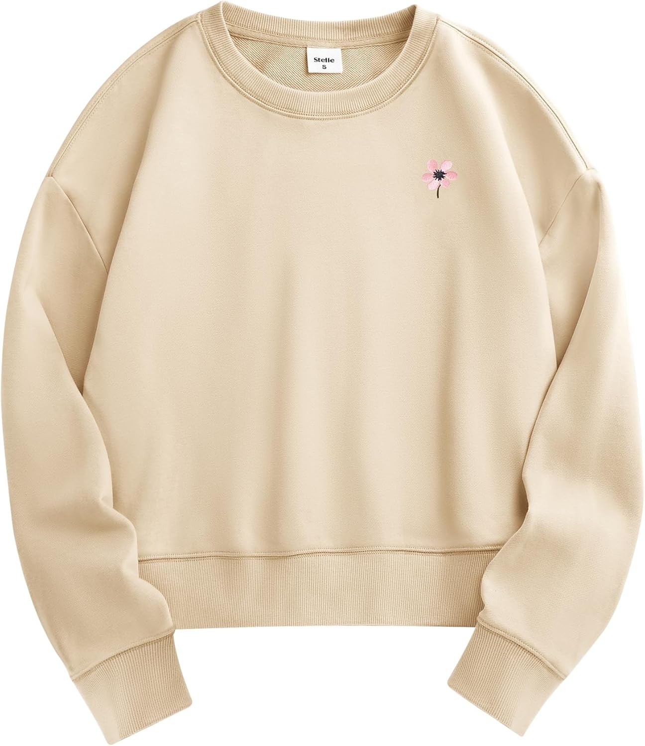 Stelle Cropped Sweatshirt for Women Crewneck Pullover Tops Oversized Long Sleeve Lightweight Casual Cotton Sweat Shirts(Limestone)