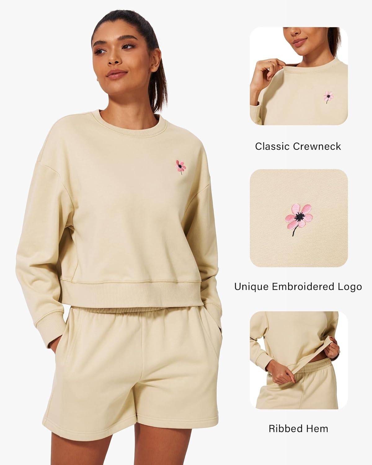 Stelle Cropped Sweatshirt for Women Crewneck Pullover Tops Oversized Long Sleeve Lightweight Casual Cotton Sweat Shirts(Limestone)