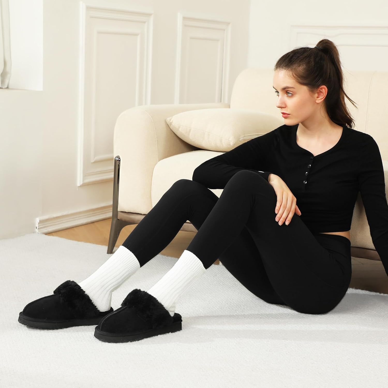 Stelle Genuine Suede Slippers for Women Water-Resistant Indoor Outdoor Comfortable Memory Foam Lightweight Flexible Sole(Black)