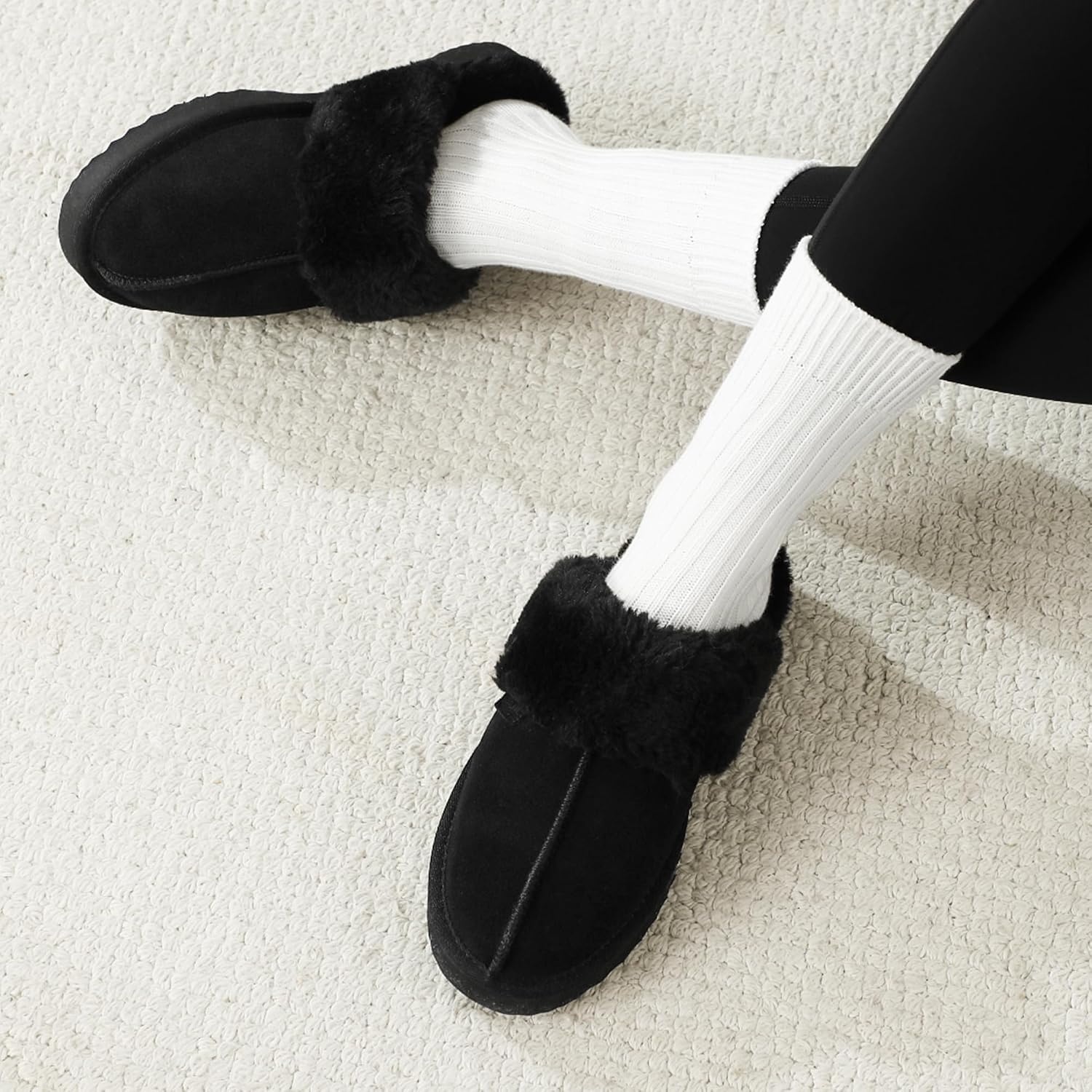 Stelle Genuine Suede Slippers for Women Water-Resistant Indoor Outdoor Comfortable Memory Foam Lightweight Flexible Sole(Black)