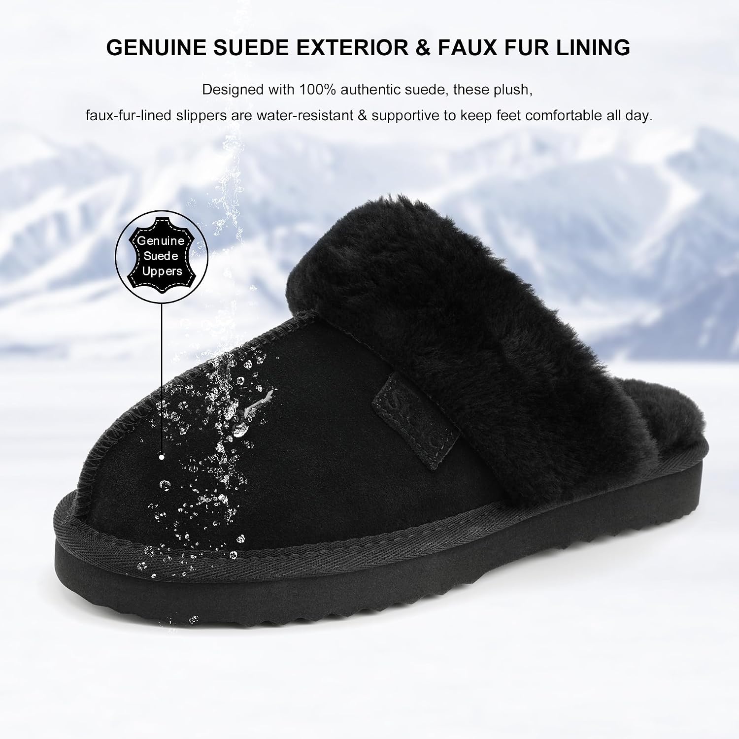 Stelle Genuine Suede Slippers for Women Water-Resistant Indoor Outdoor Comfortable Memory Foam Lightweight Flexible Sole(Black)