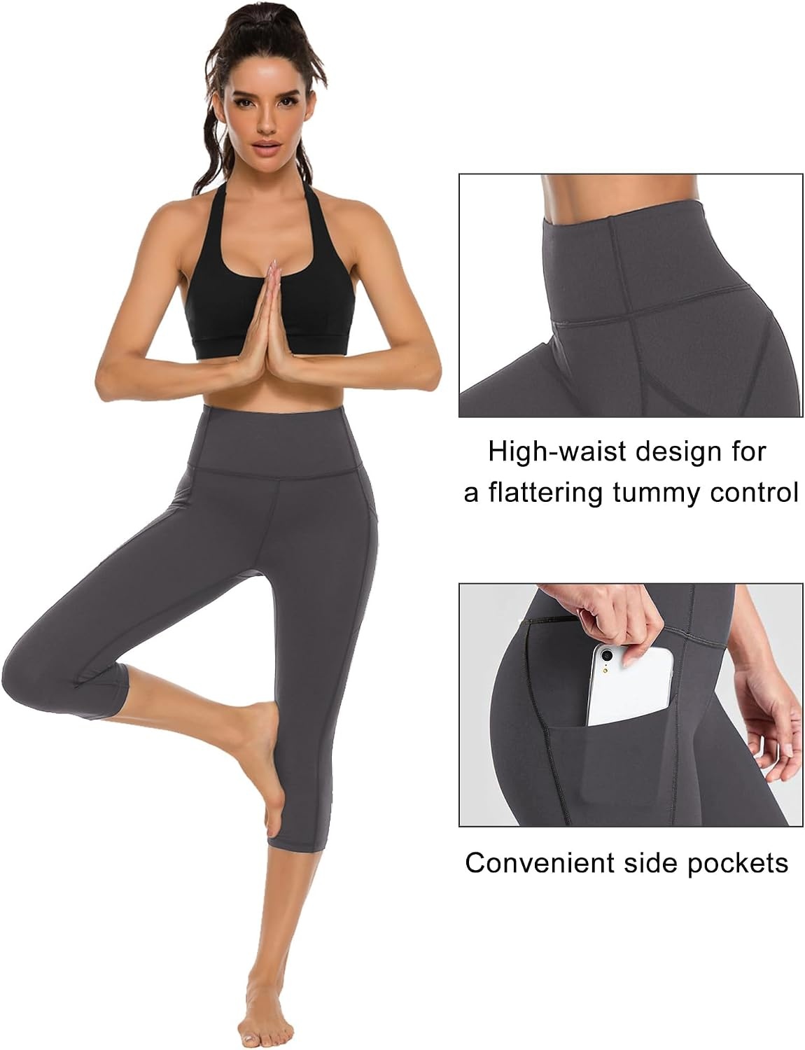 Stelle Women’s Capri Yoga Pants with Pockets Essential High Waisted Leggings for Workout(Cotton Like Softness-charcoal)
