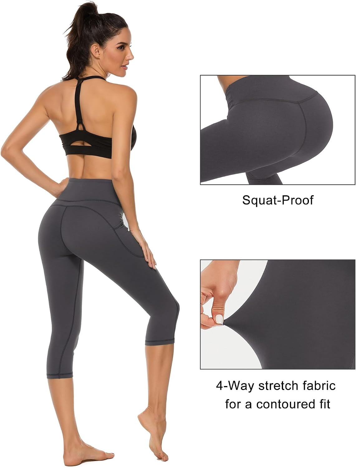 Stelle Women’s Capri Yoga Pants with Pockets Essential High Waisted Leggings for Workout(Cotton Like Softness-charcoal)