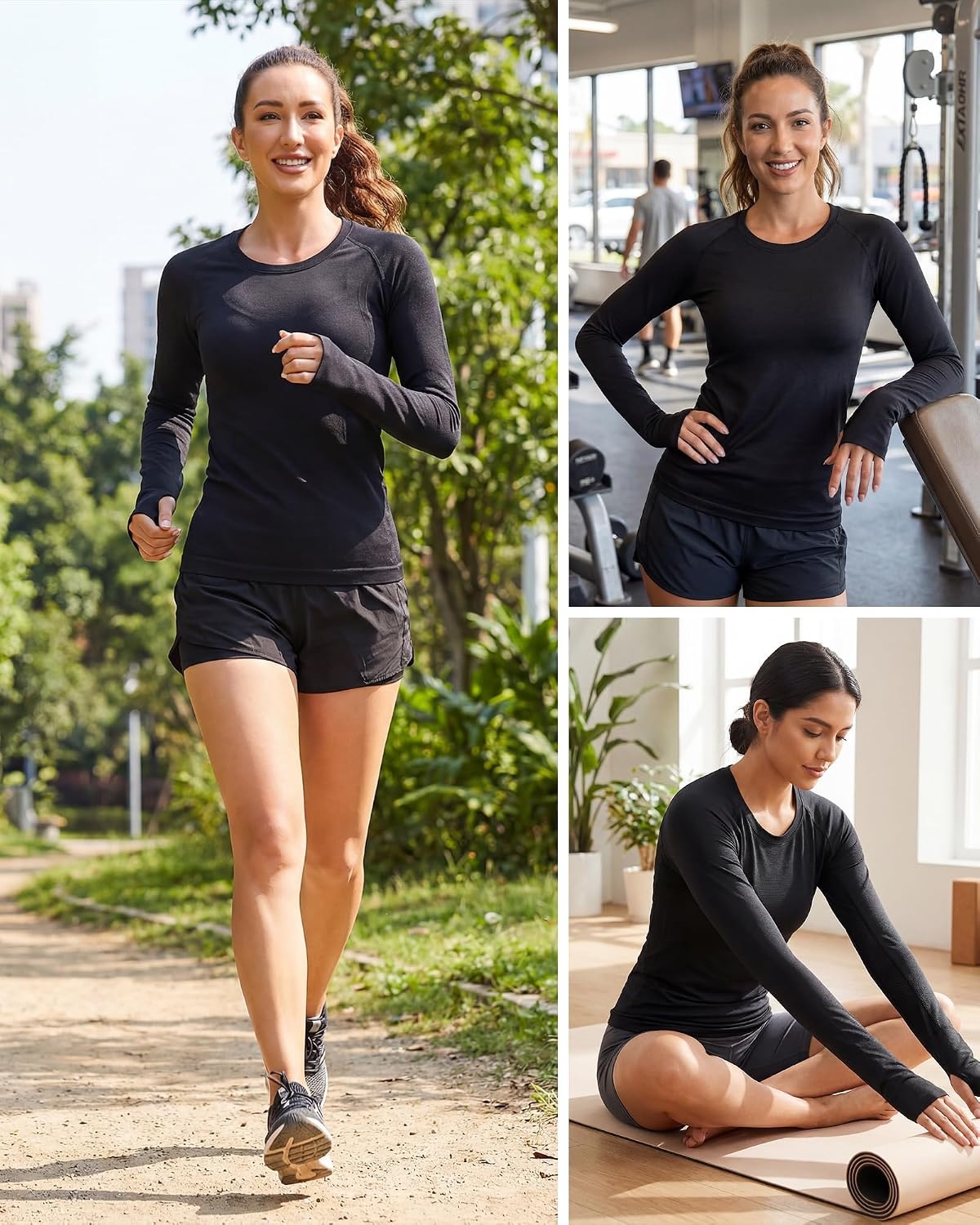 Stelle Womens Seamless Long Sleeve Workout Tops Compression Athletic Shirts(Black)