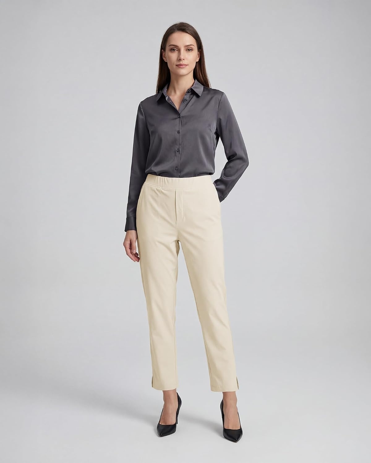 Stelle Women’s Work Pants Stretchy 7/8 Ankle Dress Pants for Women Business Casual Tapered Slacks for Teacher, Golf, Travel(White Beige)