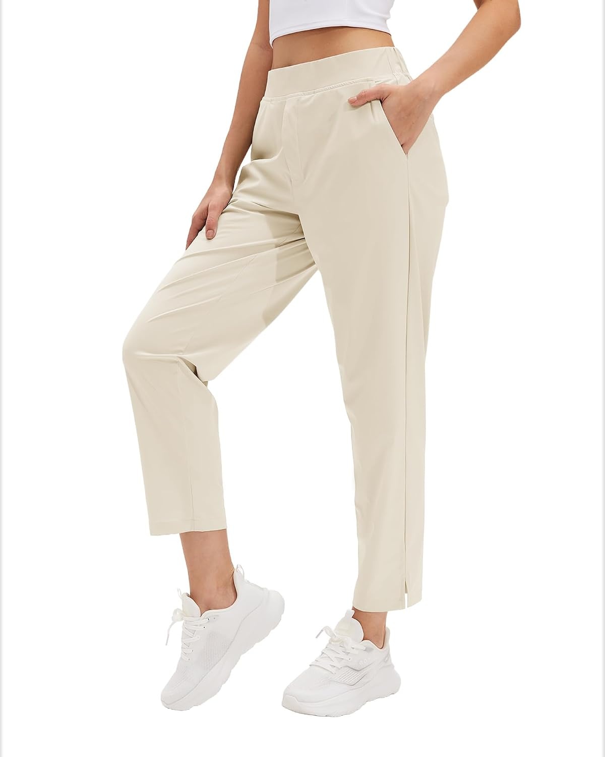 Stelle Women’s Work Pants Stretchy 7/8 Ankle Dress Pants for Women Business Casual Tapered Slacks for Teacher, Golf, Travel(White Beige)