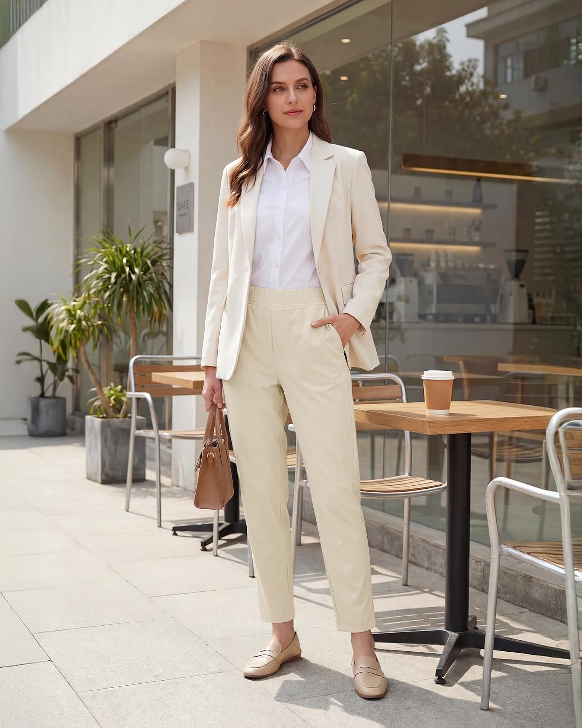 Stelle Women’s Work Pants Stretchy 7/8 Ankle Dress Pants for Women Business Casual Tapered Slacks for Teacher, Golf, Travel(White Beige)