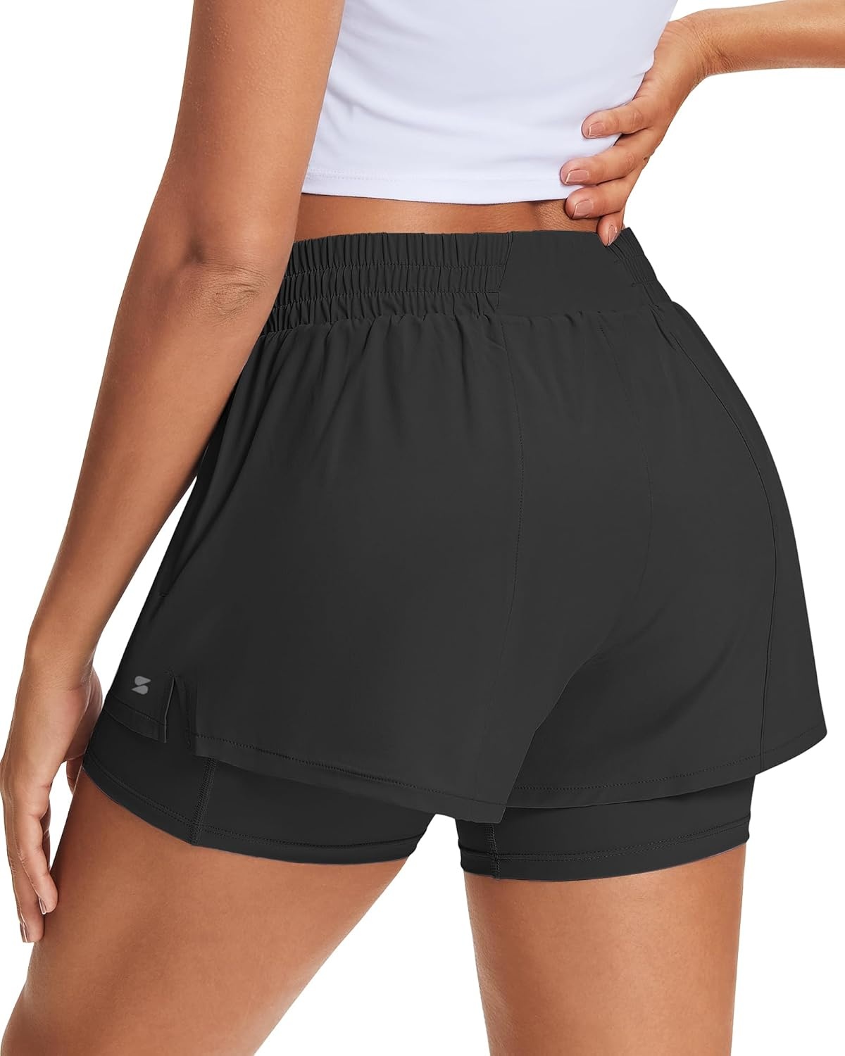 Stelle Women’s 2 in 1 Running Shorts Athletic Workout Gym Shorts High Waisted Shorts with Liner Zipper Pockets(Black)