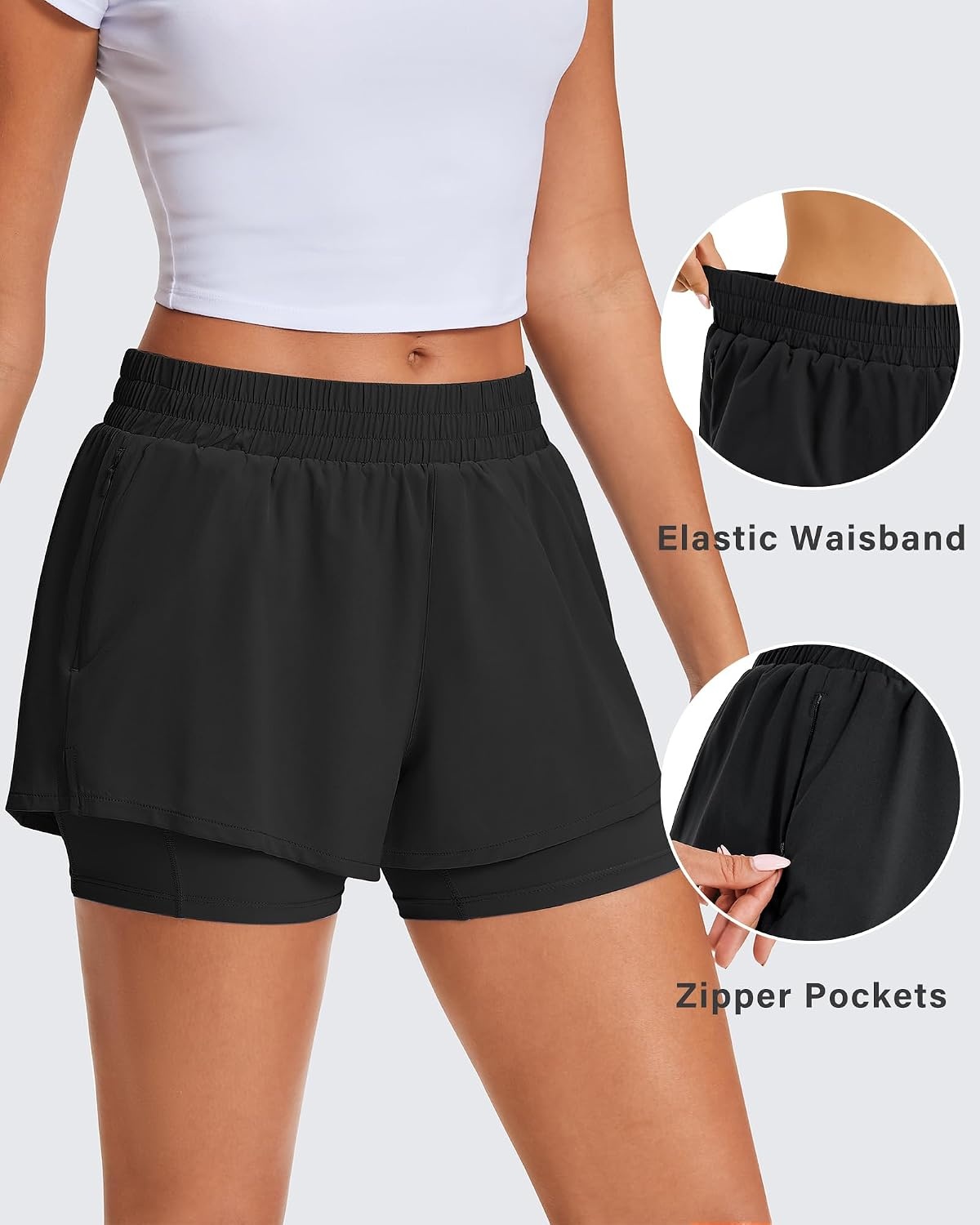 Stelle Women’s 2 in 1 Running Shorts Athletic Workout Gym Shorts High Waisted Shorts with Liner Zipper Pockets(Black)