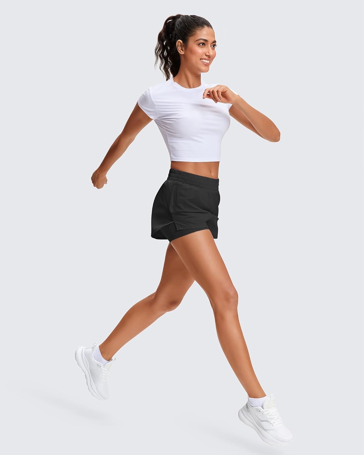 Stelle Women’s 2 in 1 Running Shorts Athletic Workout Gym Shorts High Waisted Shorts with Liner Zipper Pockets(Black)