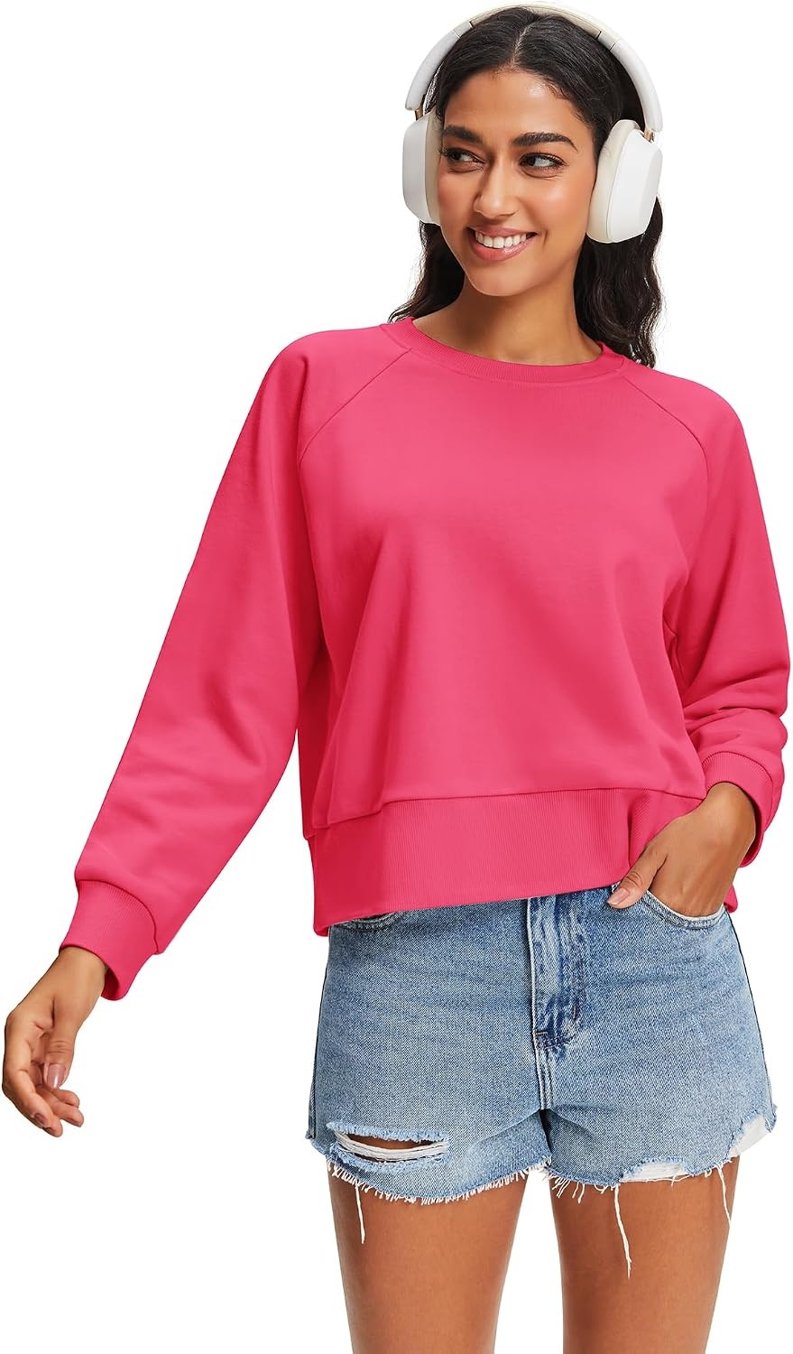 Stelle Cropped Sweatshirts for Women Cotton Raglan Sleeve Crop Tops Crewneck Pullover Sweat Shirts(Watermelon Sugar)