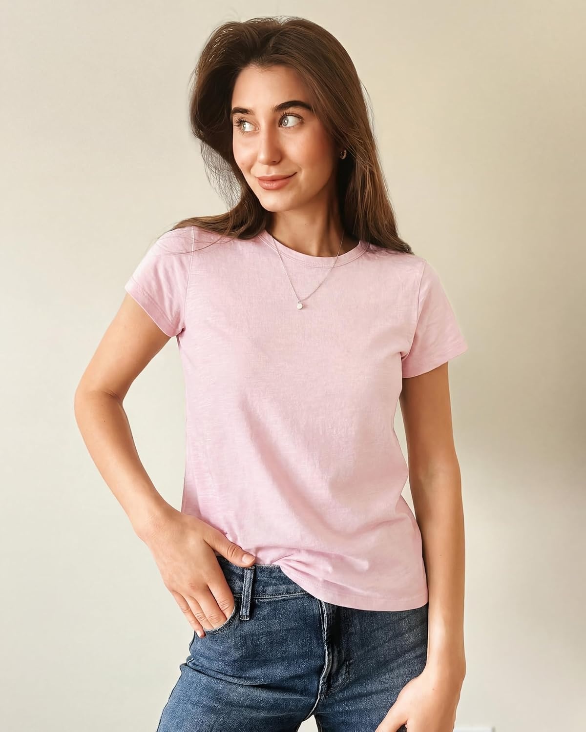 Stelle Womens Modal Soft Crewneck Short Sleeve T Shirts Basic Tees(Light Pink)