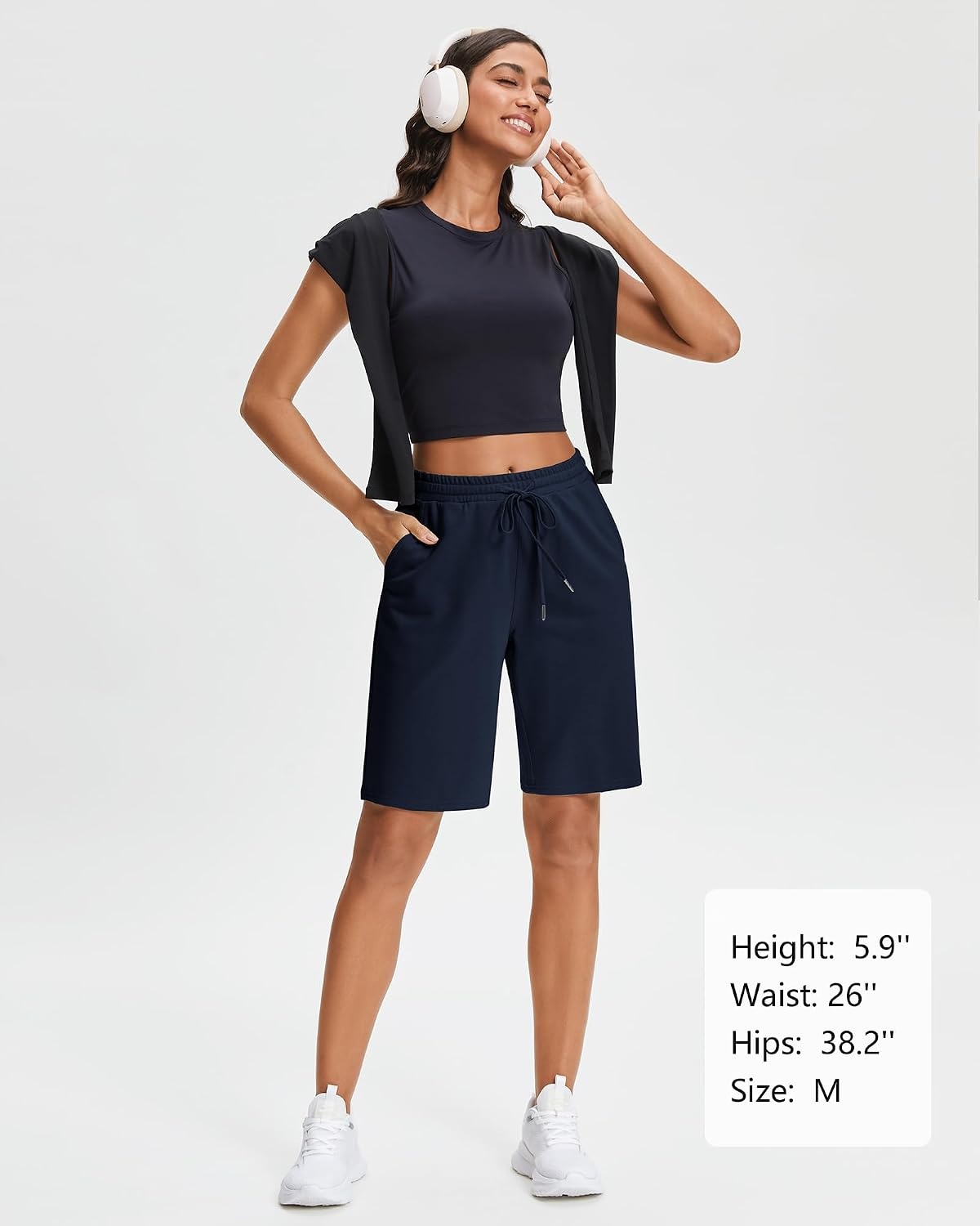 Stelle Women’s Cotton Bermuda Shorts 10″ Long Knee Length Comfy Sweat Shorts with Deep Pockets Lounge Casual Summer(10″ Navy)