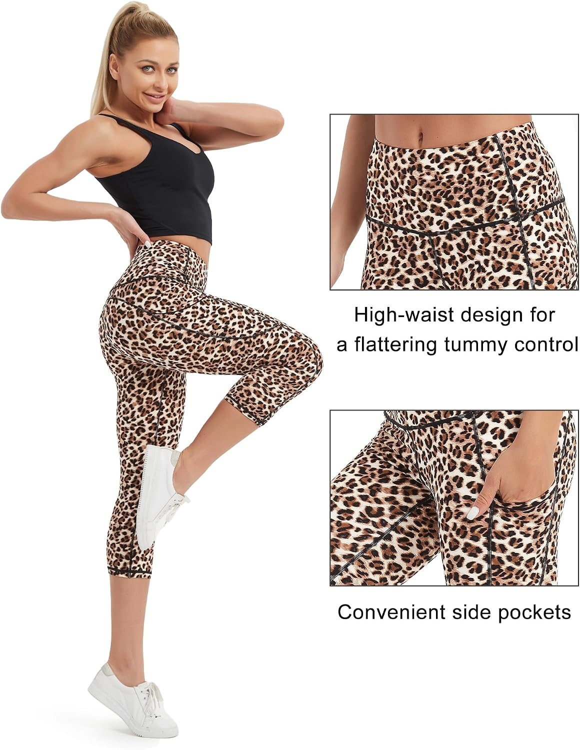 Stelle Capri Leggings for Women Yoga Pants with Pockets High Waisted Legging for Gym Workout(Nylon-leopard)