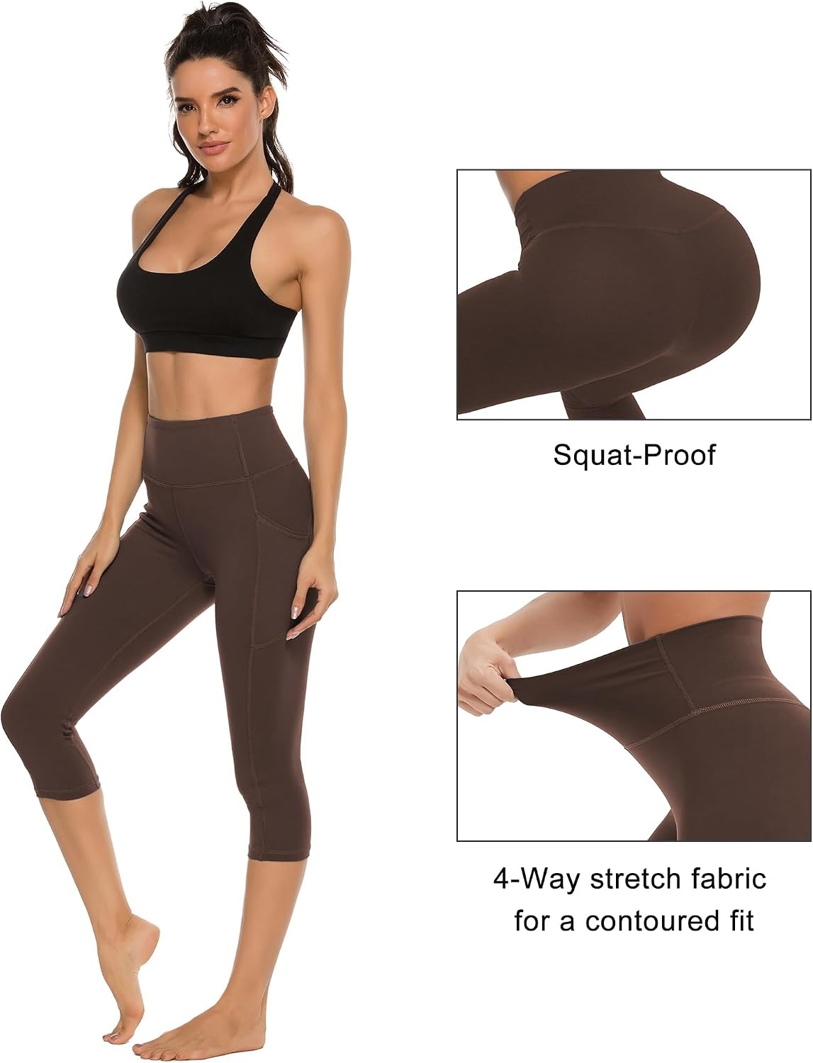 Stelle Women’s Capri Yoga Pants with Pockets Essential High Waisted Leggings for Workout(Coffee)