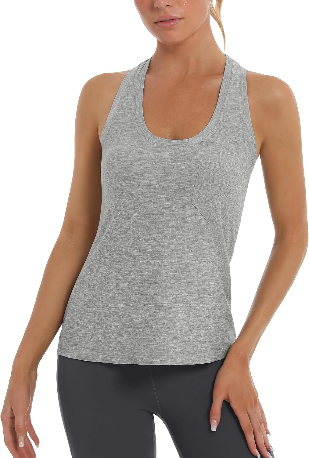 Stelle Workout Tank Tops for Women, Athletic Scoop Neck Racerback Shirt with Chest Pocket, Yoga Gym Running Summer Top(Light Heather Grey)